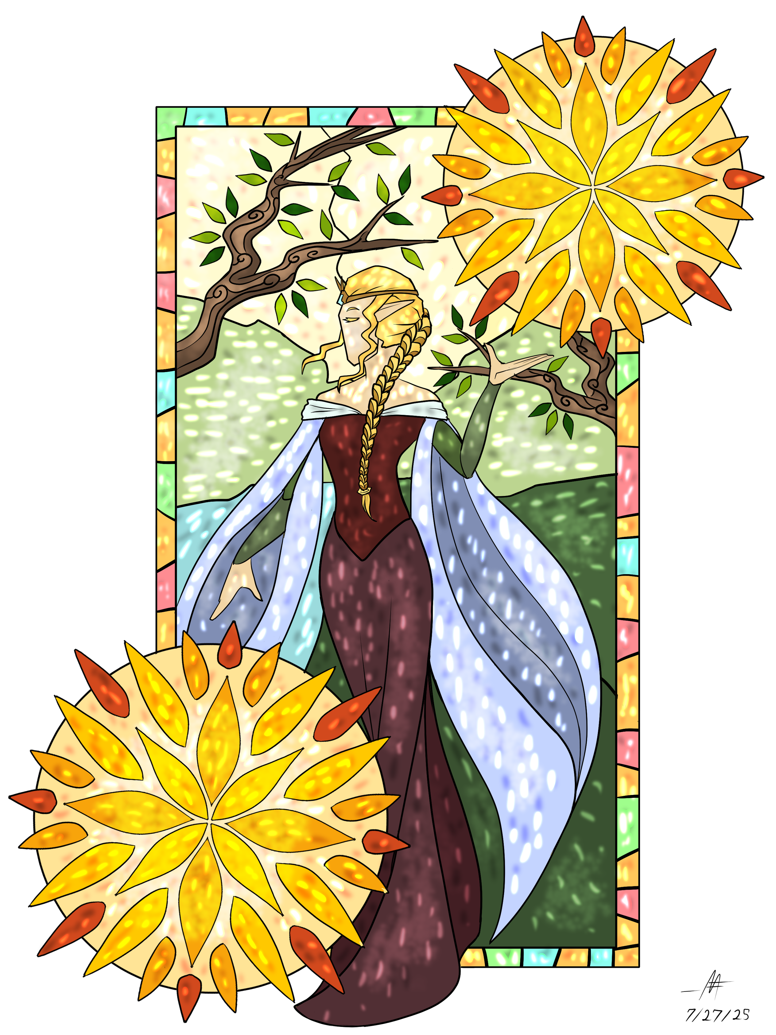 Queen of Sols Stained Glass:  A 2025 art fight submission,  this illustration is a stained glass depiction of a regal woman holding two suns.