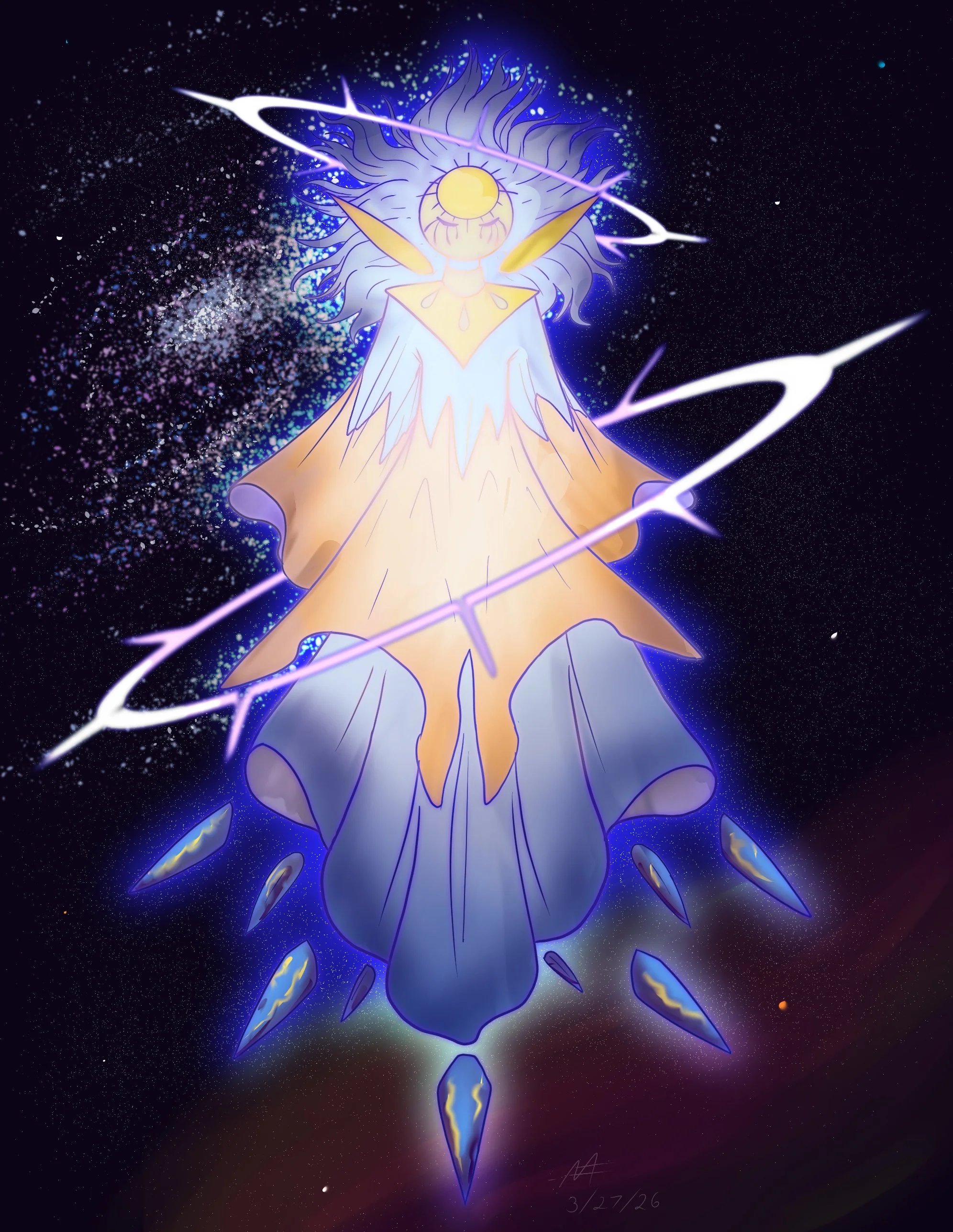 Celestial Entity: This illustration is a depiction of space entity with halos, flowing robes, and a face hidden behind a celestial mask.