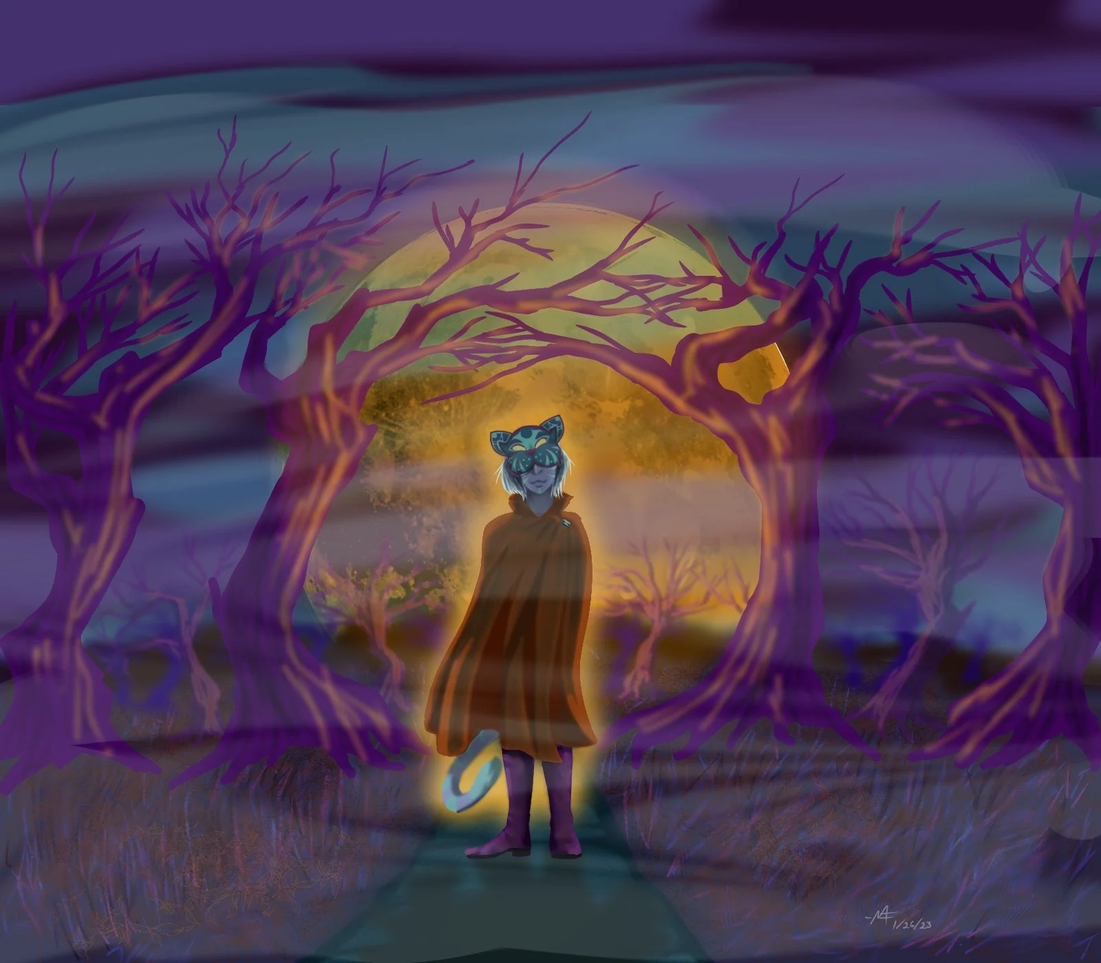 Do You Dare To Follow: This illustration is a depiction of an ominous figure seemingly beckoning you to follow him through the twisted woods.