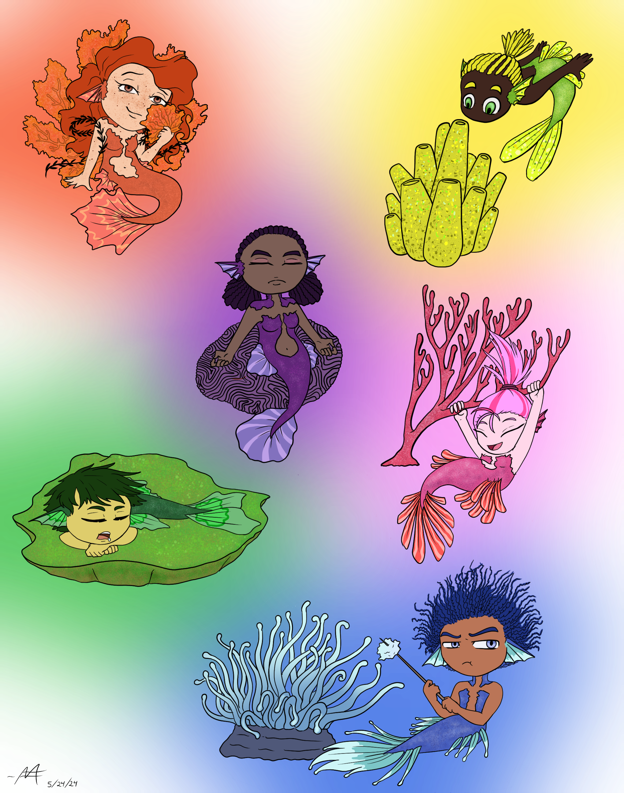 Chibi Mermaids: This illustration is a fun project where I created chibi mermaids to match with a different type of coral.
