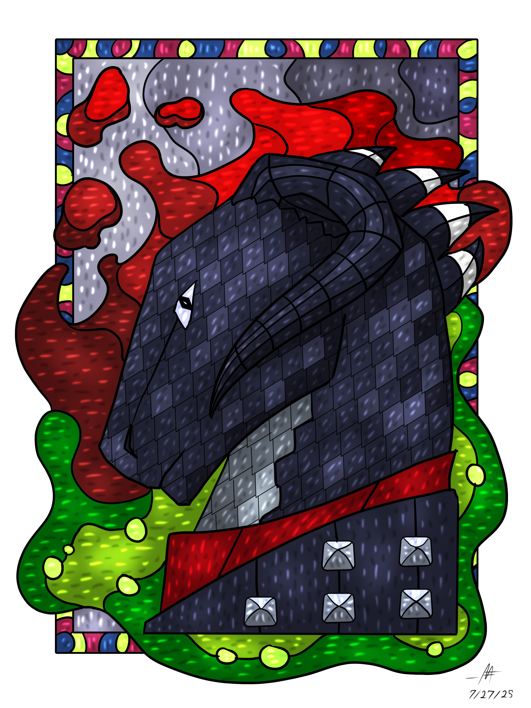 Blood and Acid: An 2025 art fight submission, this illustration depicts a black dragon kin amongst his elements of blood and acid.