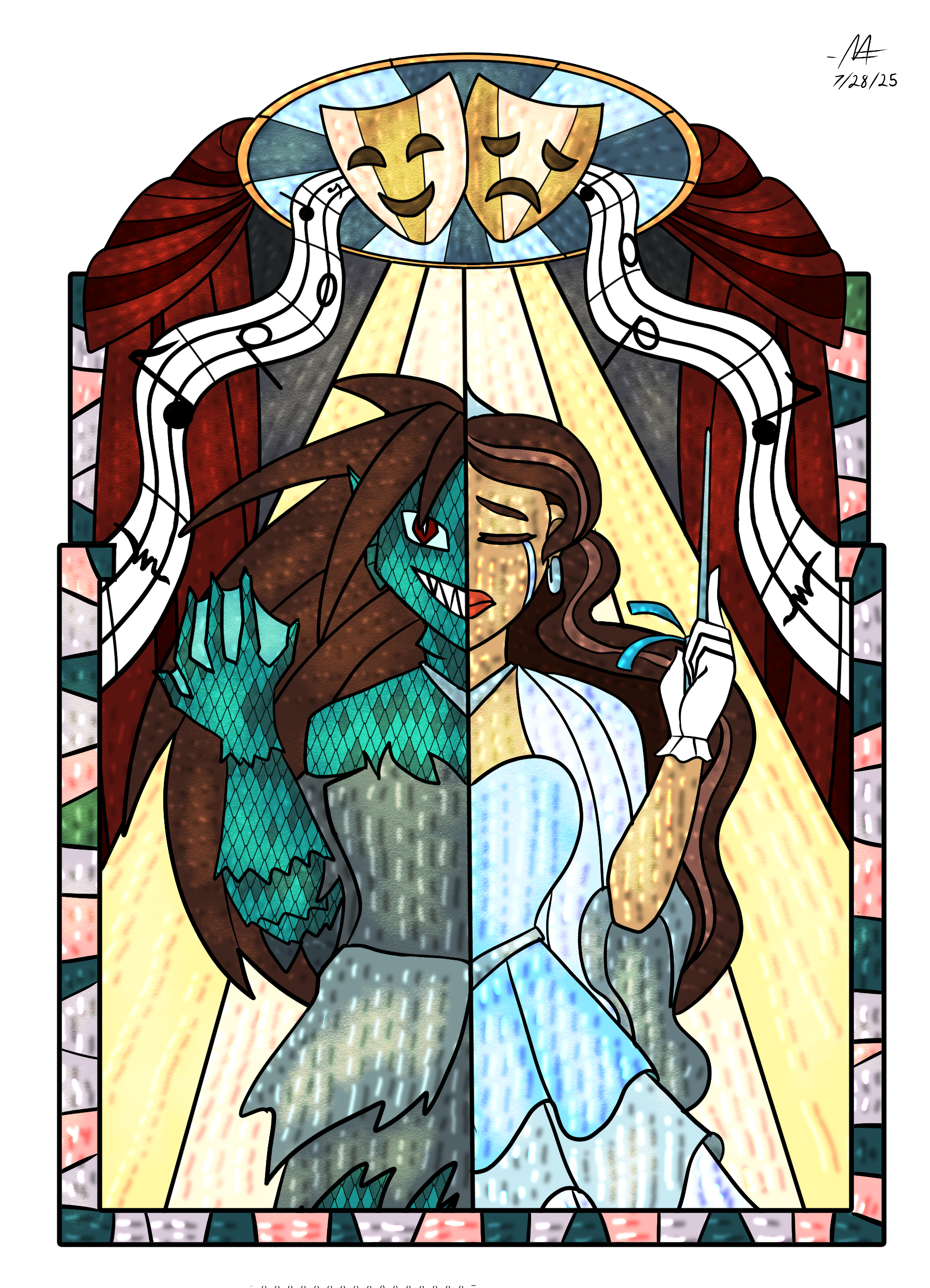 A Twisted Duet: A 2025 art fight submission, this illustration depicts a woman divided between her life as a musician and monster.