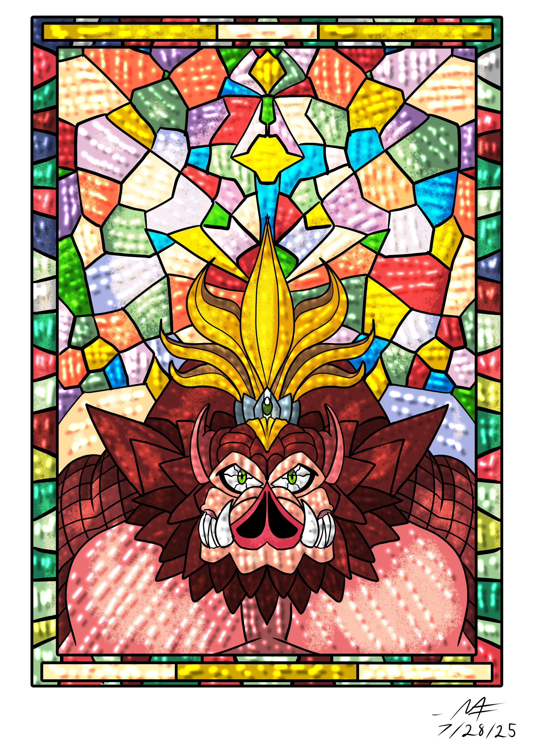 The Beastly King: A 2025 art fight submission, this illustration depicts the authority of a beastly king on stained glass.