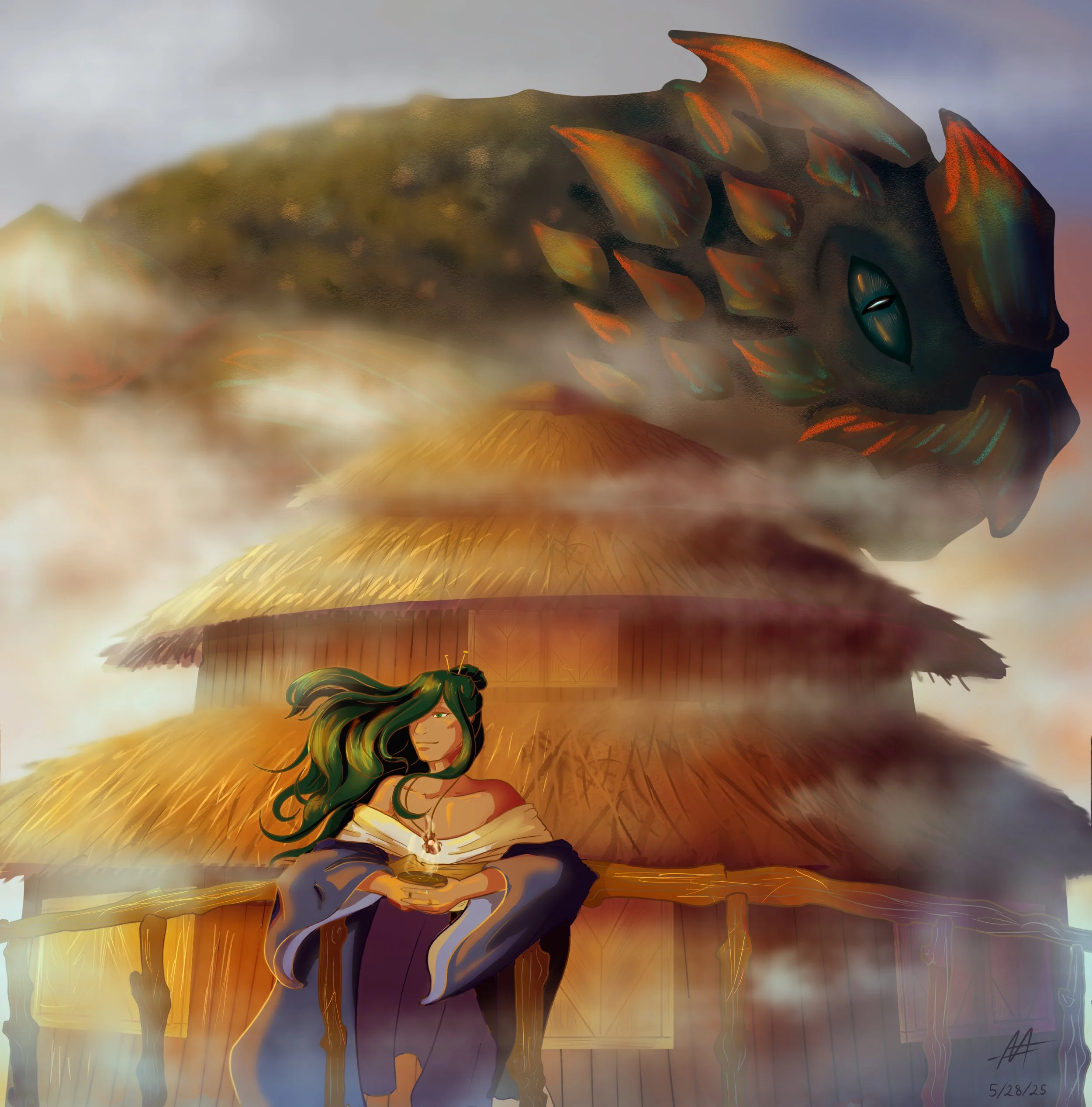A Beautiful Morning: This illustration depicts my ocean sorcerer enjoying a lovely morning, with his pet kaiju behind him.