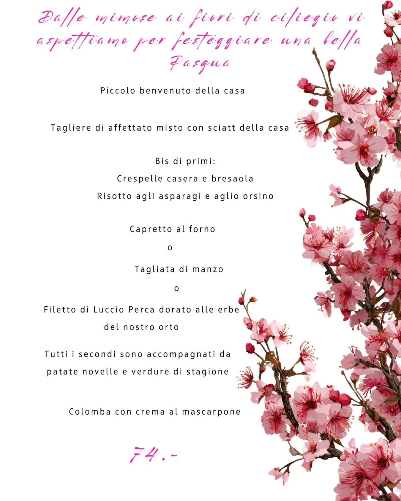 🐣 Pasqua &egrave; stare insieme, condividere e gustare le cose buone

Abbiamo pensato a un men&ugrave; speciale con piatti della tradizione e ingredienti di stagione 🌿

🍽️ Men&ugrave; completo a 74.-
Non vuoi tutto il men&ugrave;? Nessun problema,