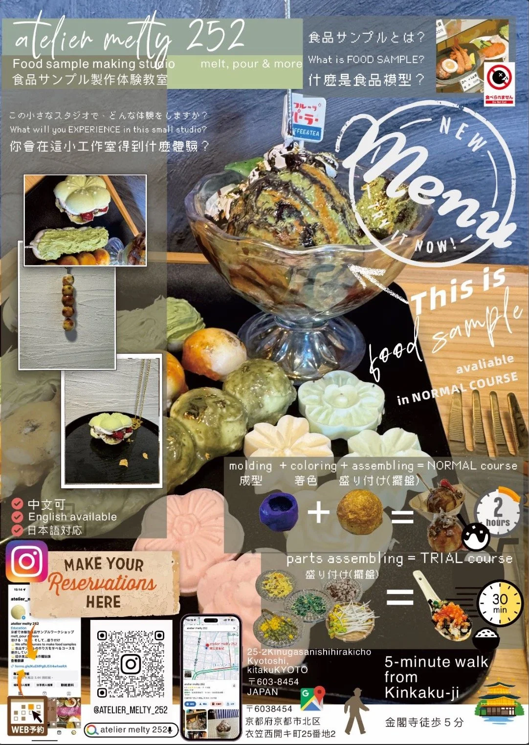 アイスクリームのパフェやお菓子のサンプル写真と、スタジオの紹介や制作工程の説明が書かれたインフォグラフィック