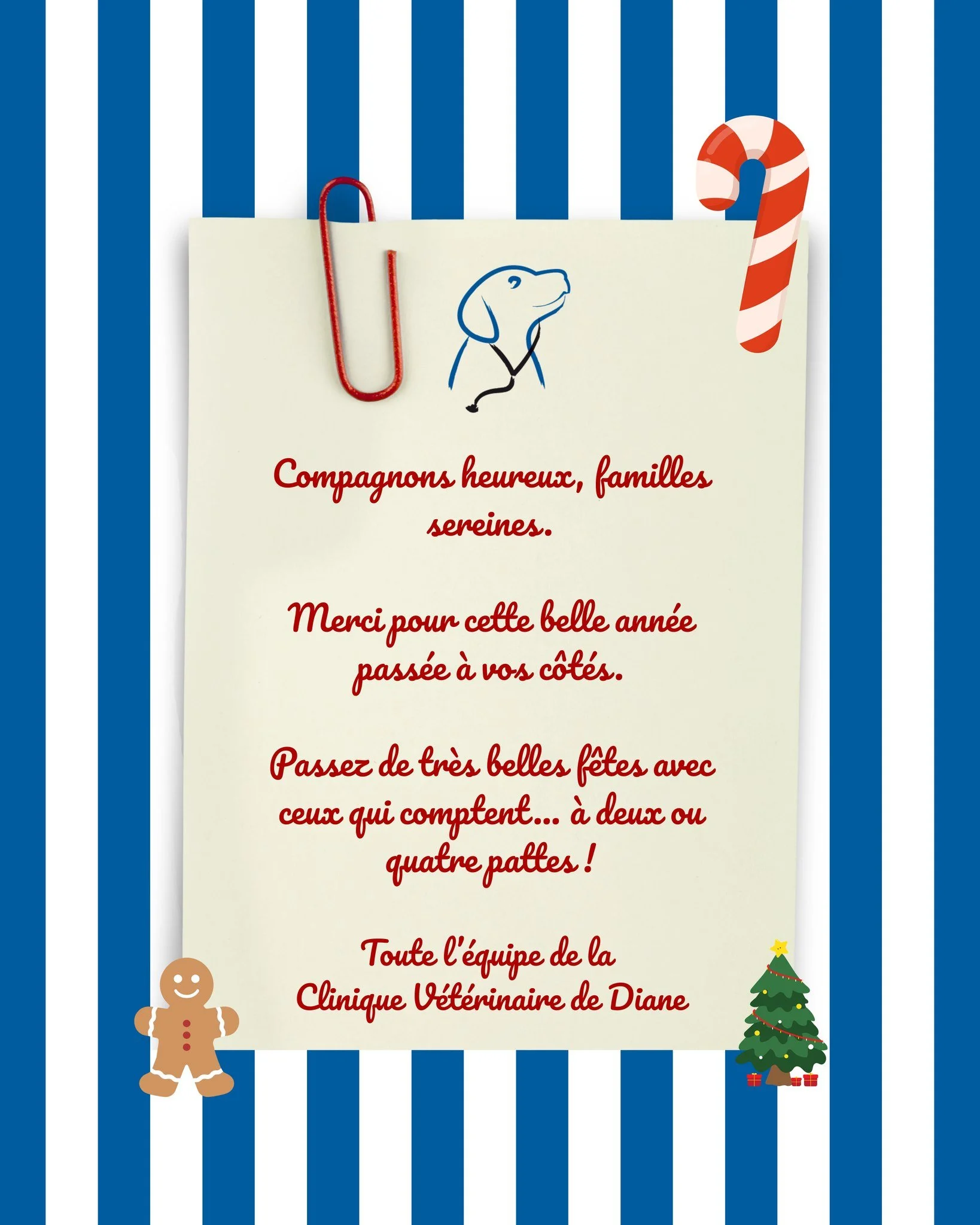 ✨ Joyeuses f&ecirc;tes &agrave; tous nos fid&egrave;les clients et &agrave; leurs adorables compagnons !
Toute l&rsquo;&eacute;quipe de la Clinique V&eacute;t&eacute;rinaire de Diane vous remercie pour votre confiance tout au long de l&rsquo;ann&eacu