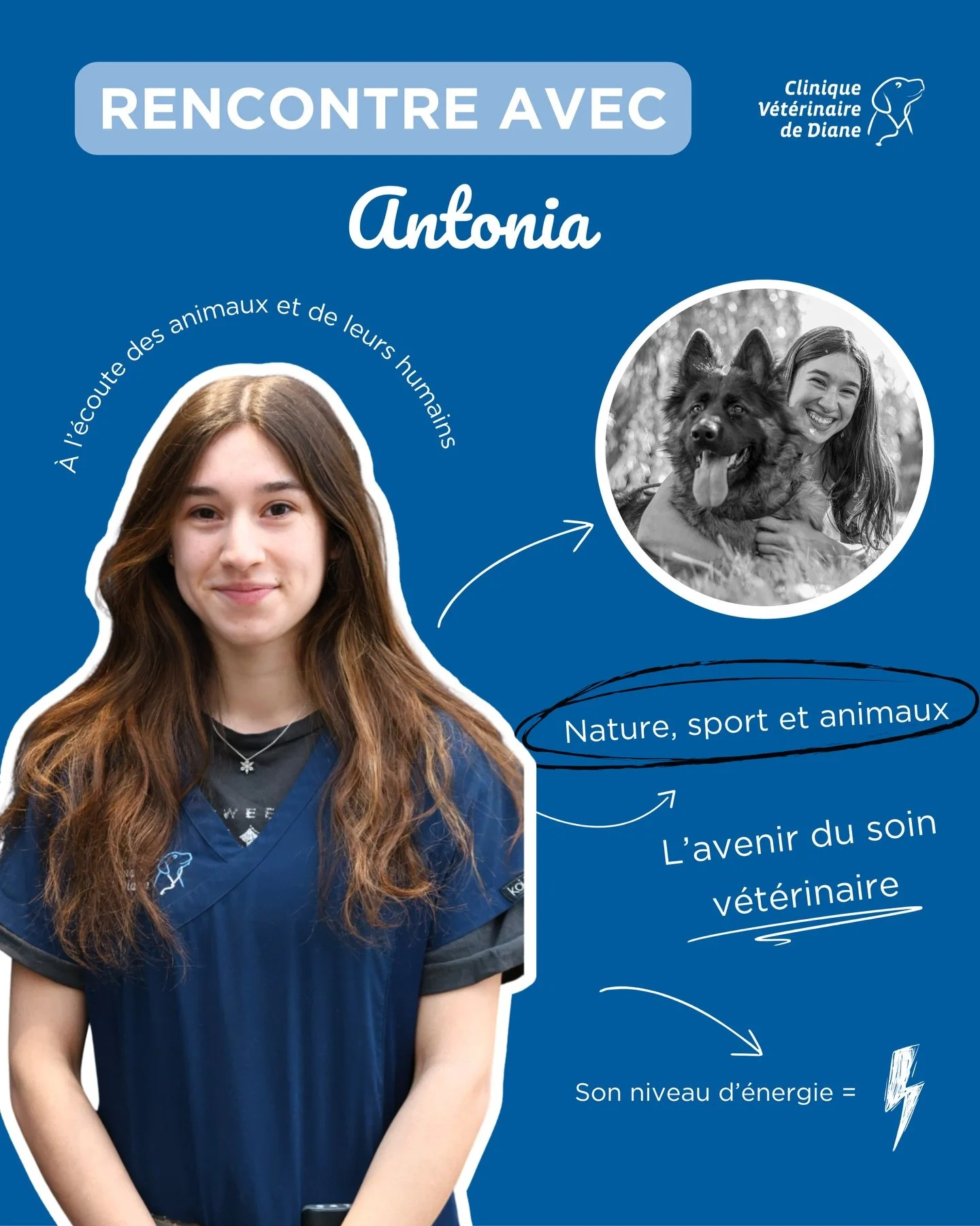 👩&zwj;⚕️ Portrait d&rsquo;&eacute;quipe : &agrave; la rencontre d&rsquo;Antonia, notre apprentie ASV

📸 Souriante, dynamique et toujours volontaire : Antonia a rejoint la Clinique de Diane en octobre 2025 dans le cadre de sa formation d&rsquo;ASV e