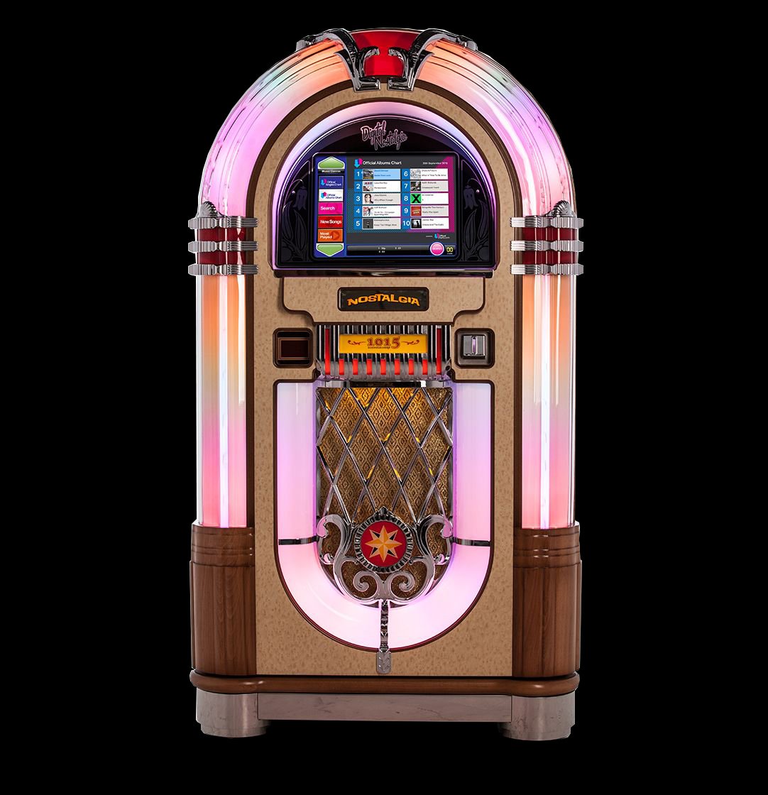 Retro-style digital jukebox with vibrant lights and touchscreen display.