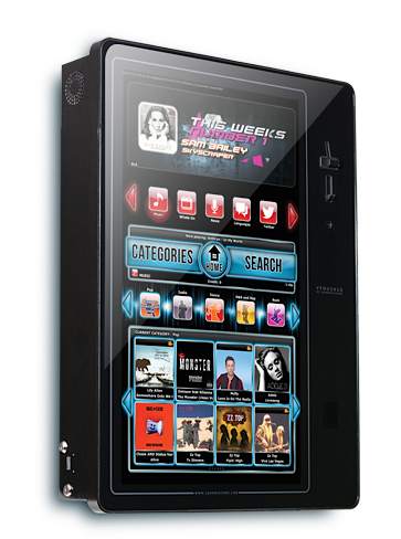 Digital touchscreen jukebox displaying music selections, categories, and search options.