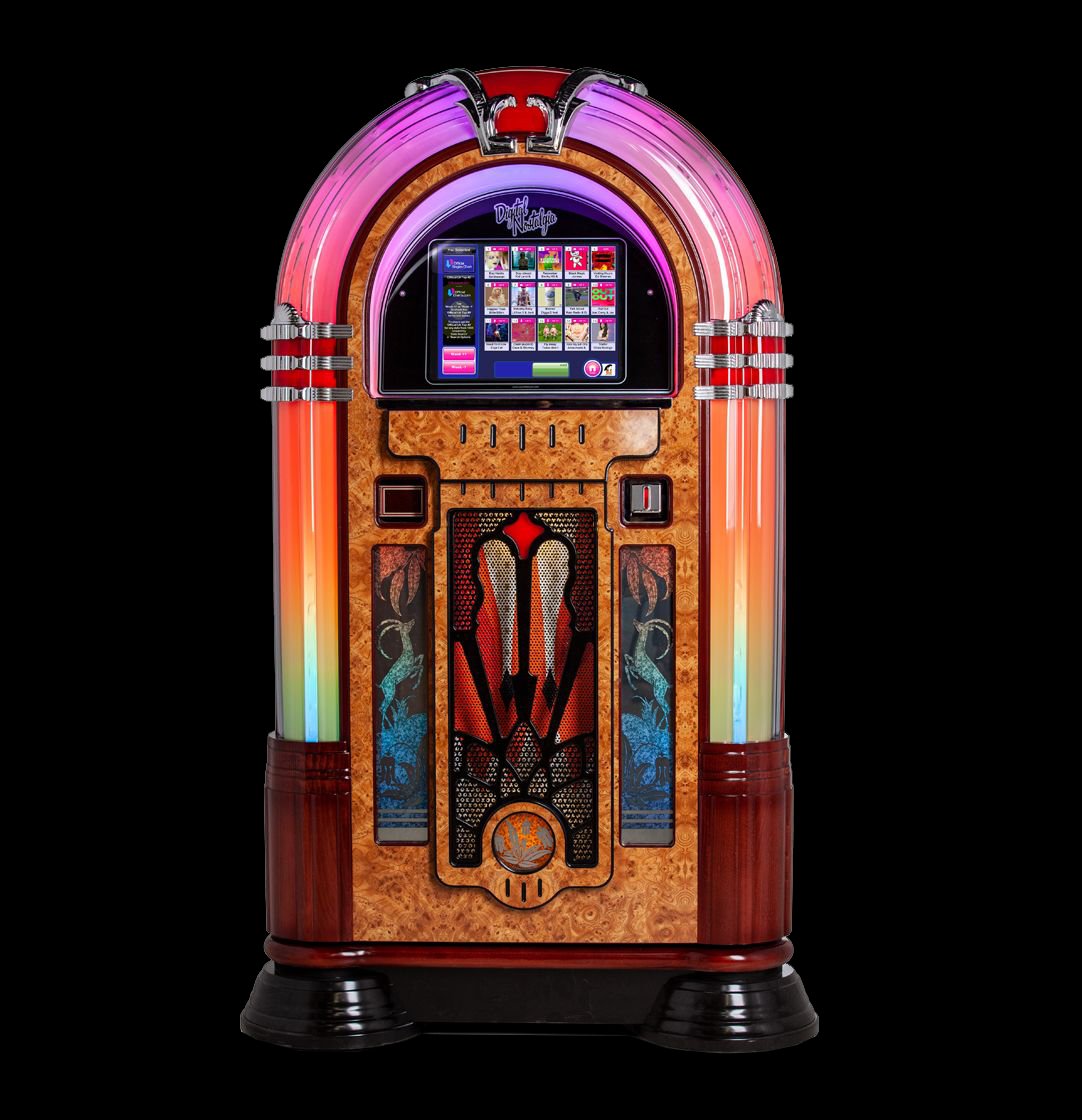 Retro-style digital jukebox with colorful lights and wooden panel design.