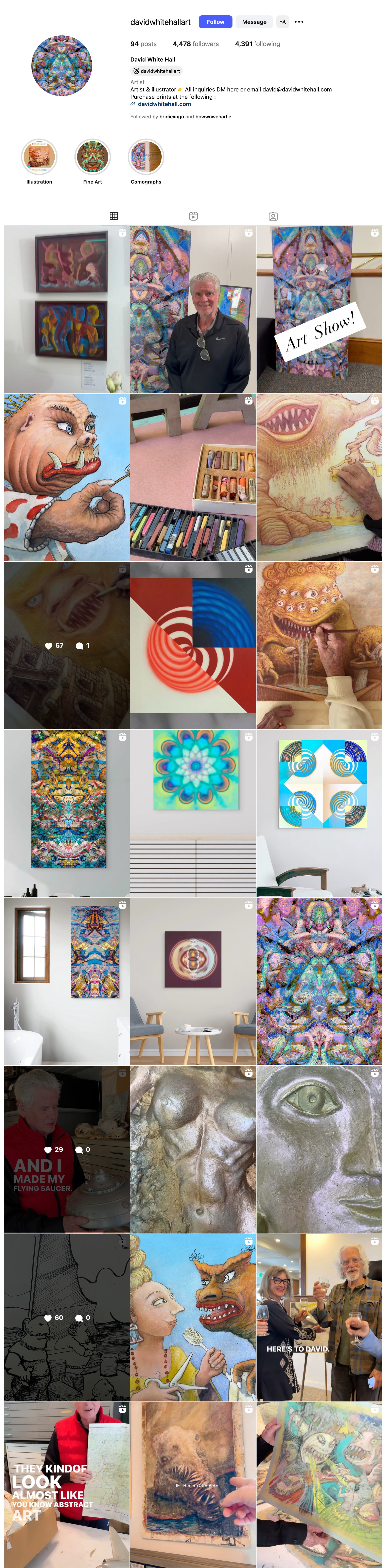 Screenshots of various artworks displayed at an art show, featuring paintings and illustrations, with some images of artists working on their pieces and photos of people viewing and celebrating art.