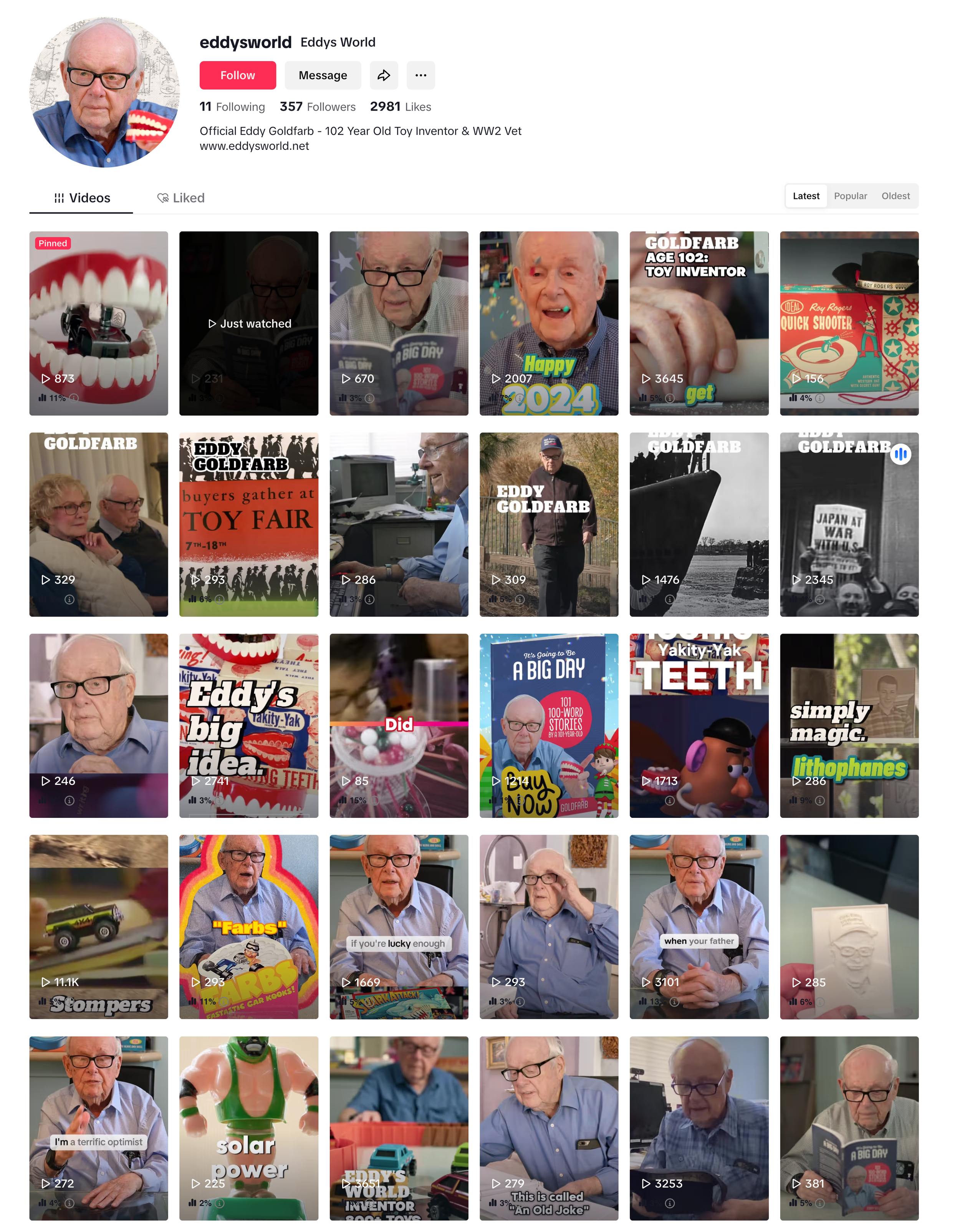 Screenshot of Eddy's World TikTok profile page featuring a profile picture of an elderly man with glasses and a blue shirt, with numerous videos related to toy inventions and vintage toys.