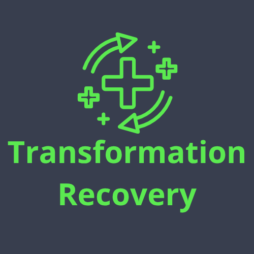 Green graphic of a medical cross with arrows and plus signs, with the words 'Transformation Recovery' underneath on a dark background.