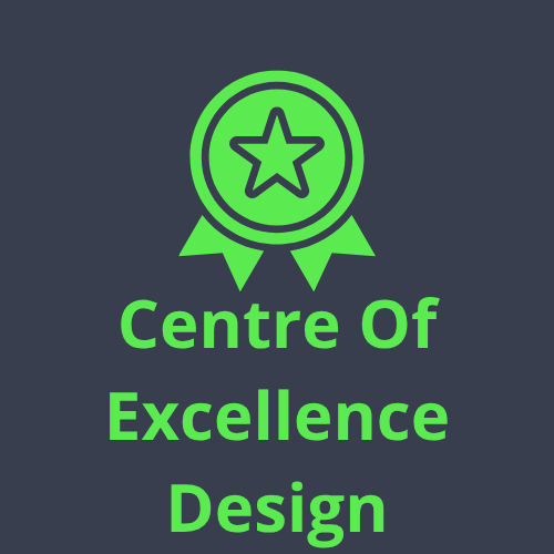 Green award ribbon with star and ribbons below, with text 'Centre Of Excellence Design' on dark background.