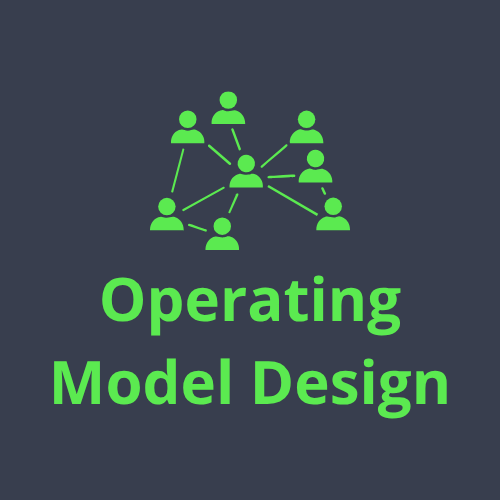 Graphic showing interconnected people icons with the text 'Operating Model Design' below, representing organizational or operational planning.