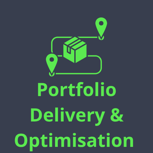 Icon of a delivery box with connected location pins, and the text 'Portfolio Delivery & Optimisation' in green on a dark background.
