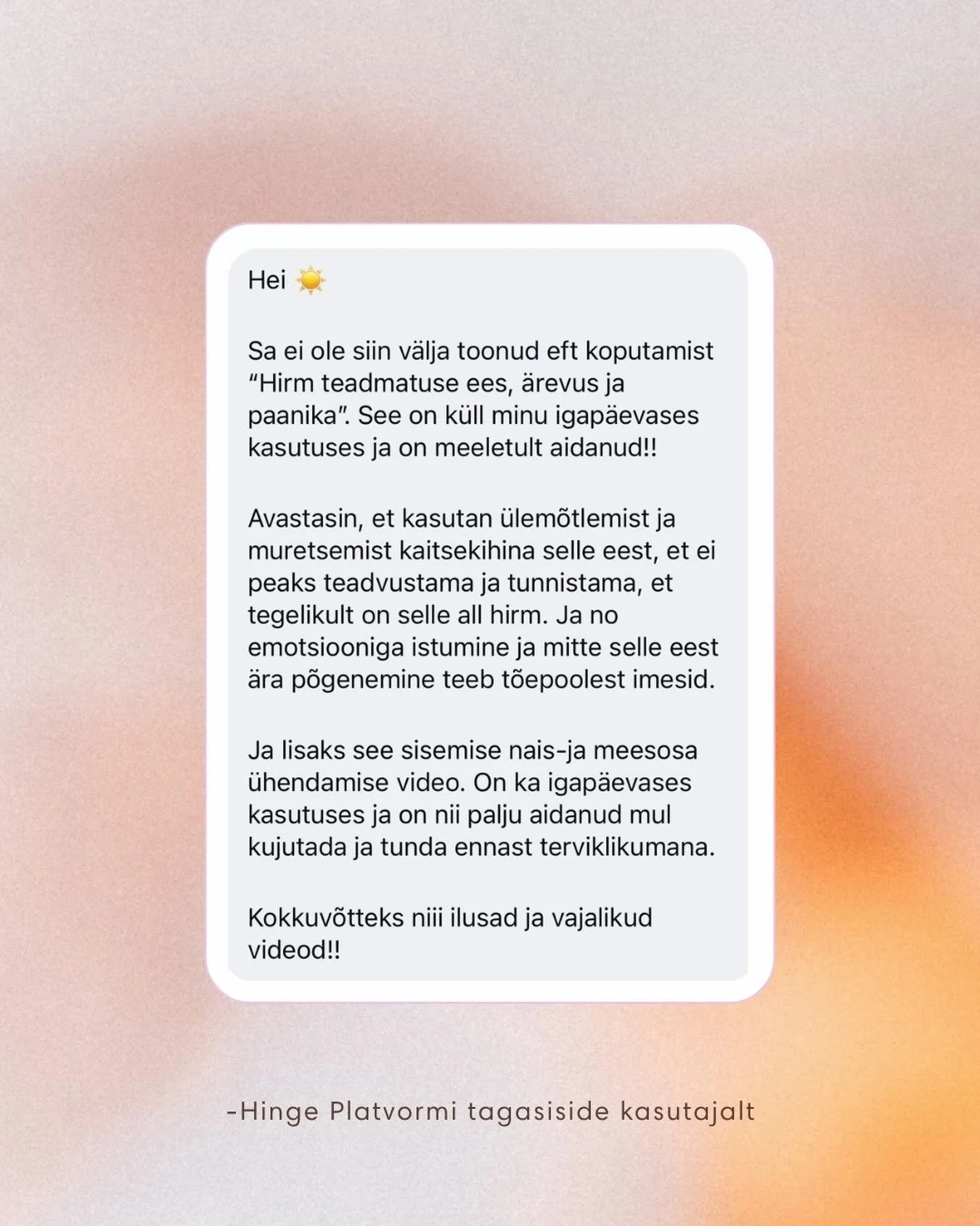 Tegin postituse platvormi sisust ja kuna Instagrami mahub ainult 20 slaidi, aga veebilehel on videosid rohkem, tuli kohe tagasiside kasutajalt, et tema lemmikud j&auml;tsin v&auml;lja 🤭

💫 &Uuml;llatun nii tihti tagasisidest ja mis kindel video mil