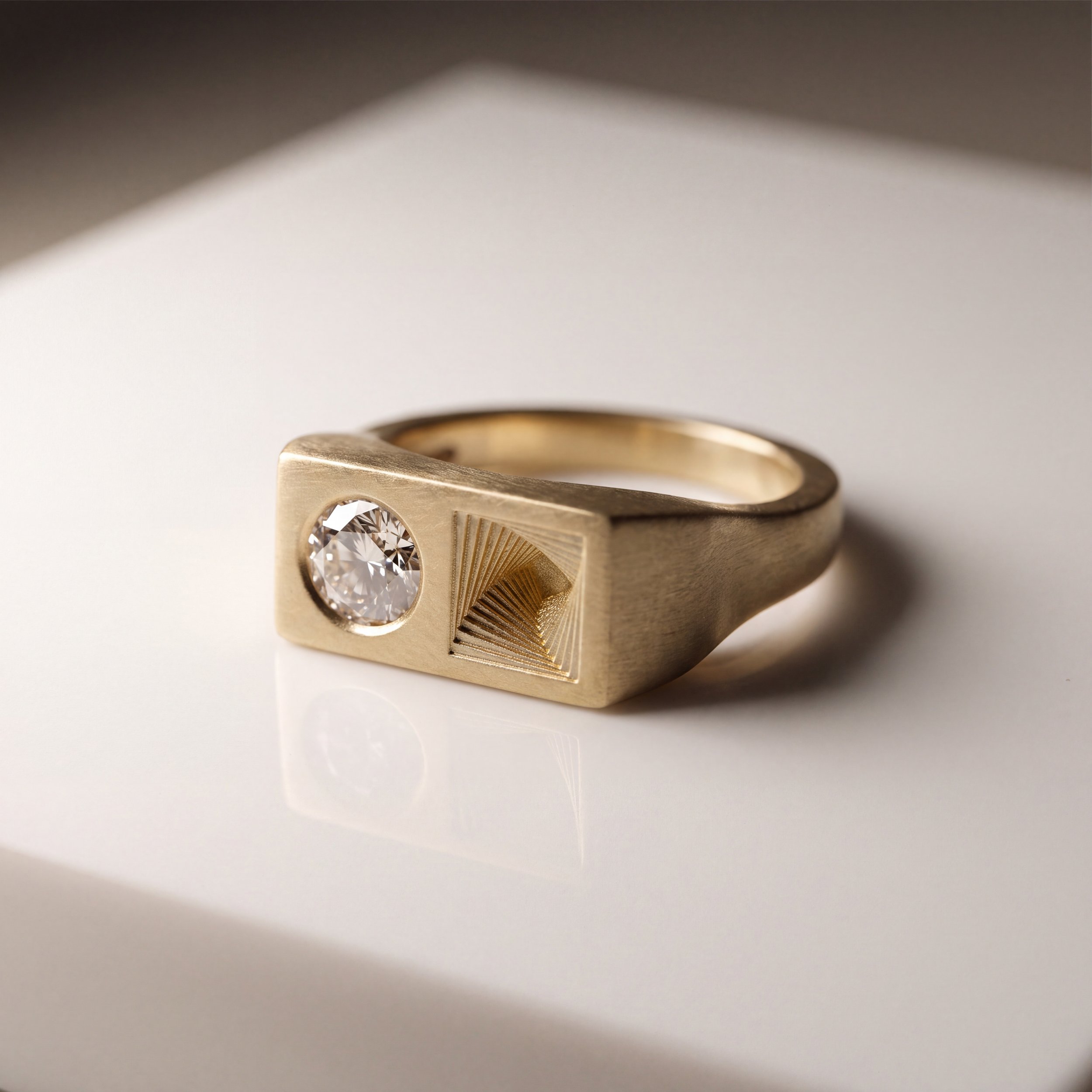 Gold ring with a rectangular top featuring two small diamonds and a small emerald set in a modern design.