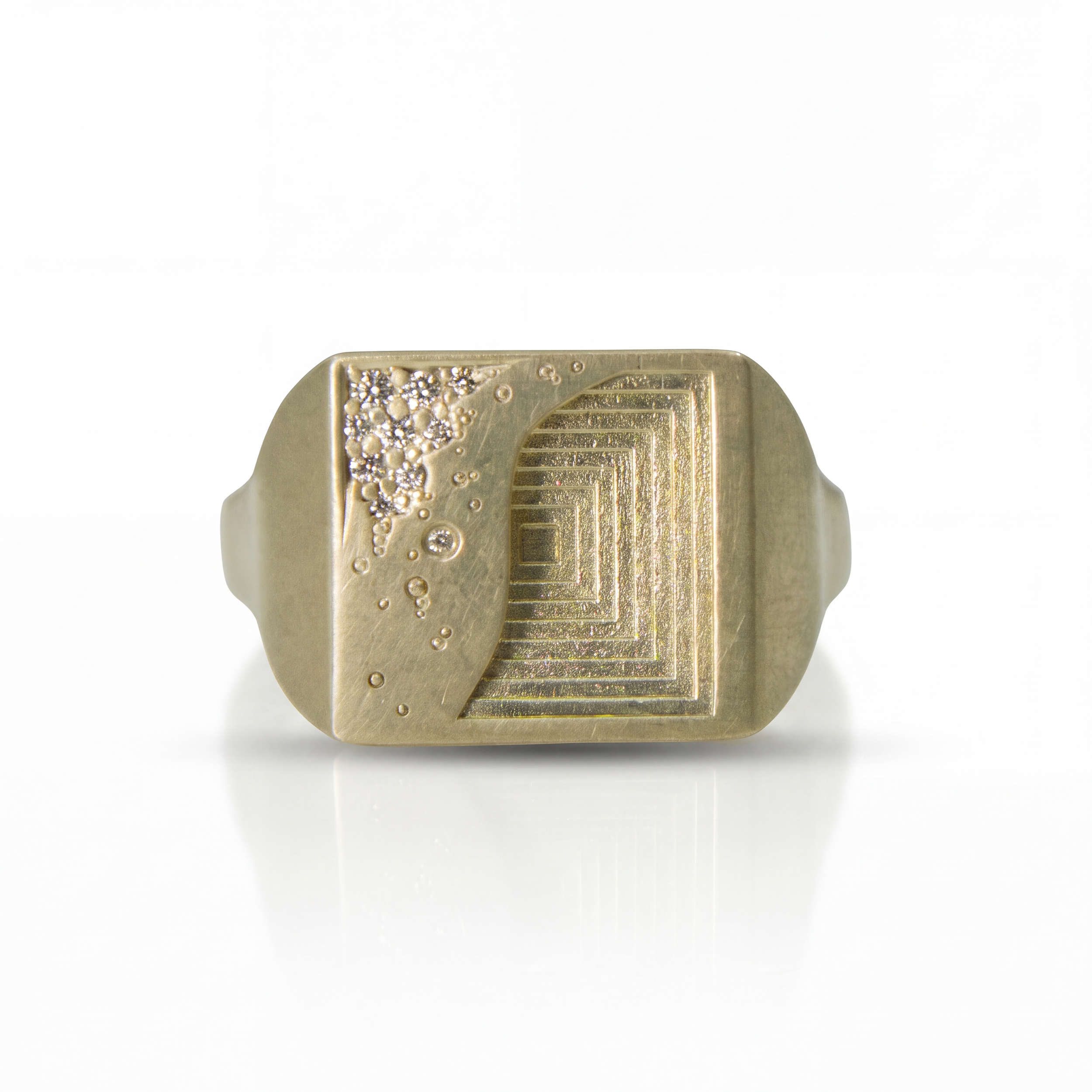Ruins Signet Ring with Grain Set Diamonds in 9ct Yellow Gold
