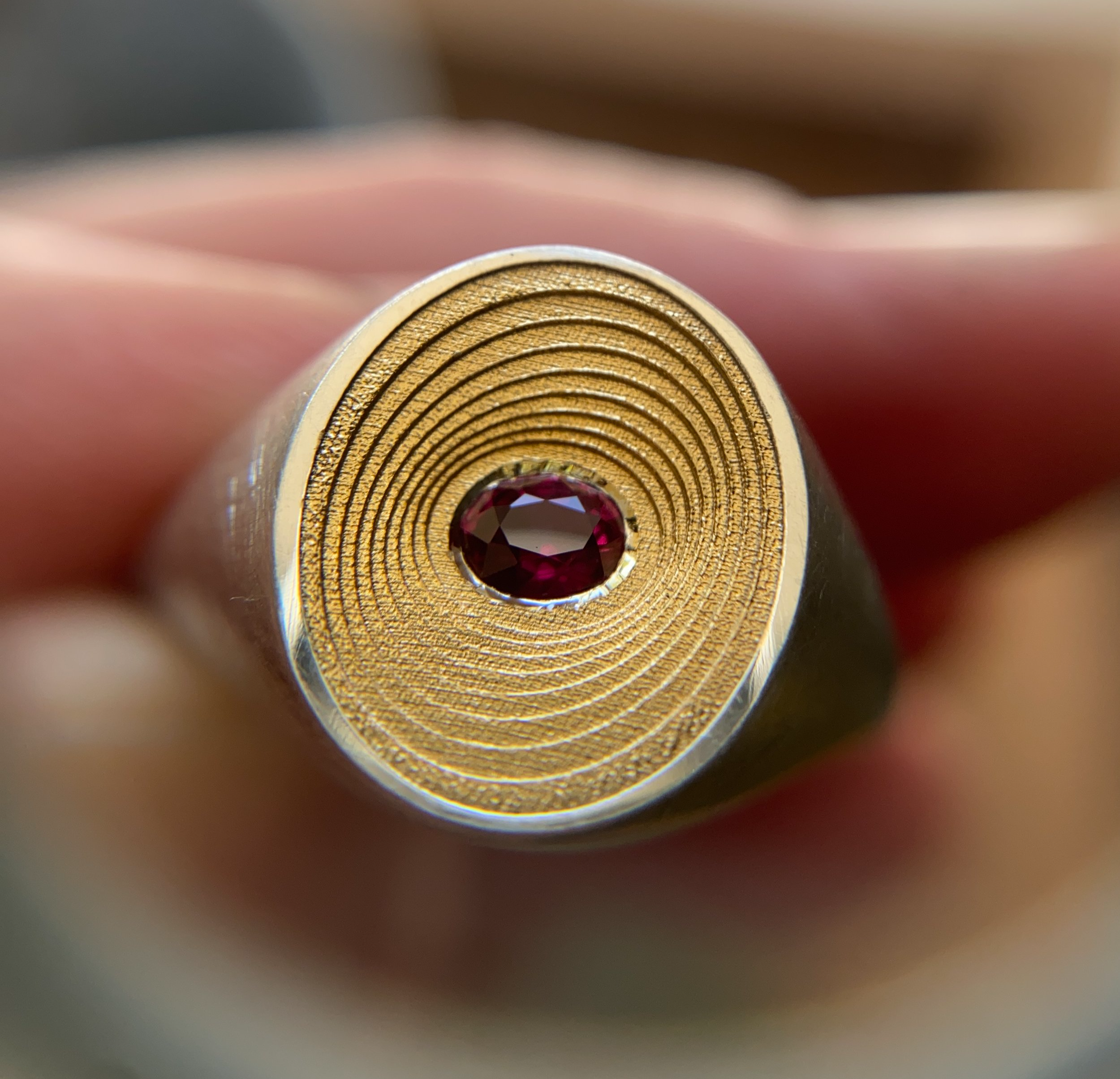 Spiral Signet Ring Silver and 18ct Gold with Ruby at centre