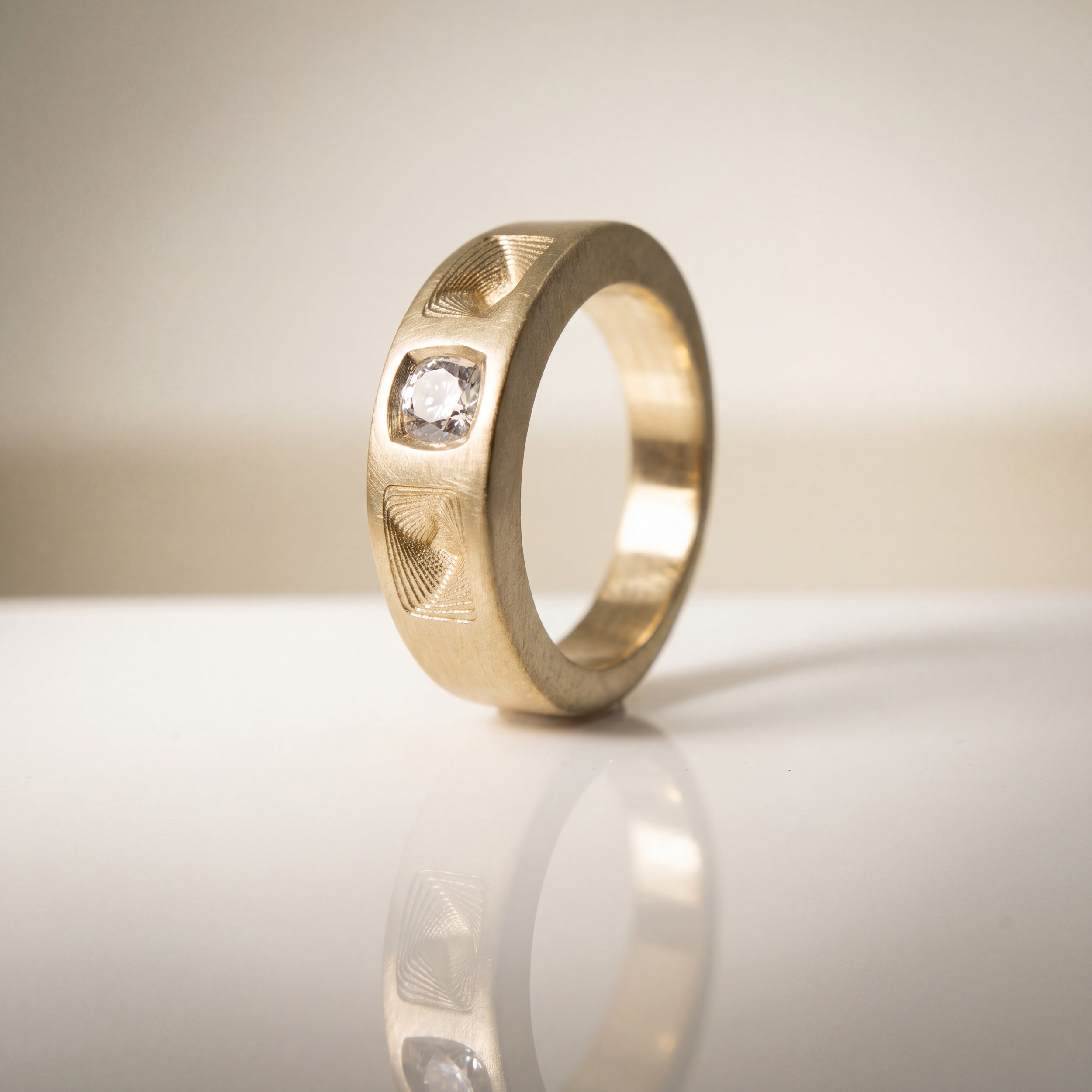 A silver ring with a rectangular face featuring a large teardrop-shaped yellow gemstone and two smaller accent stones, with engraved lines on the face.