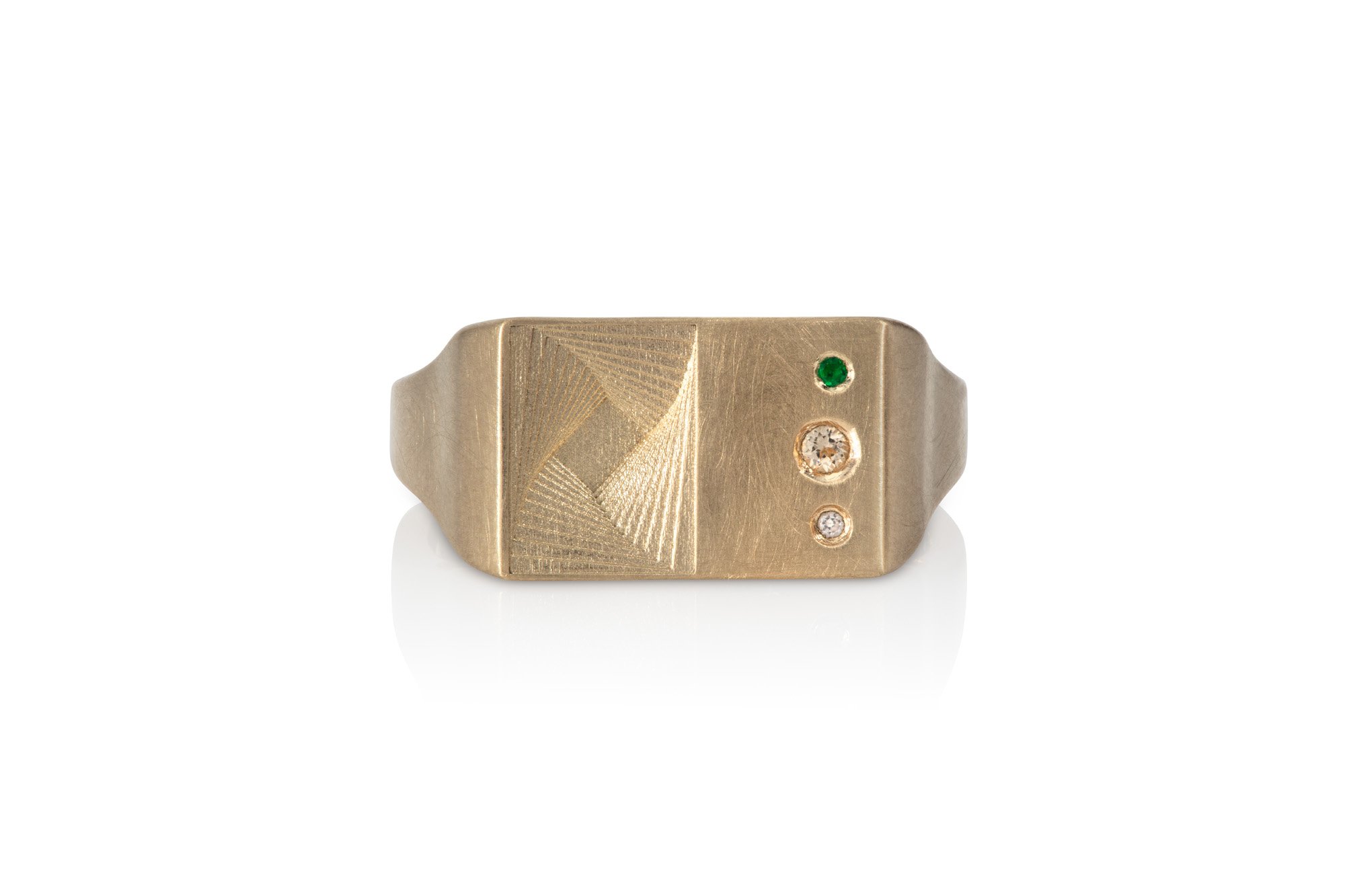 9ct Signet Ring with Layered Step Detail, Emerald Gemstone, Sapphire and yellow topaz