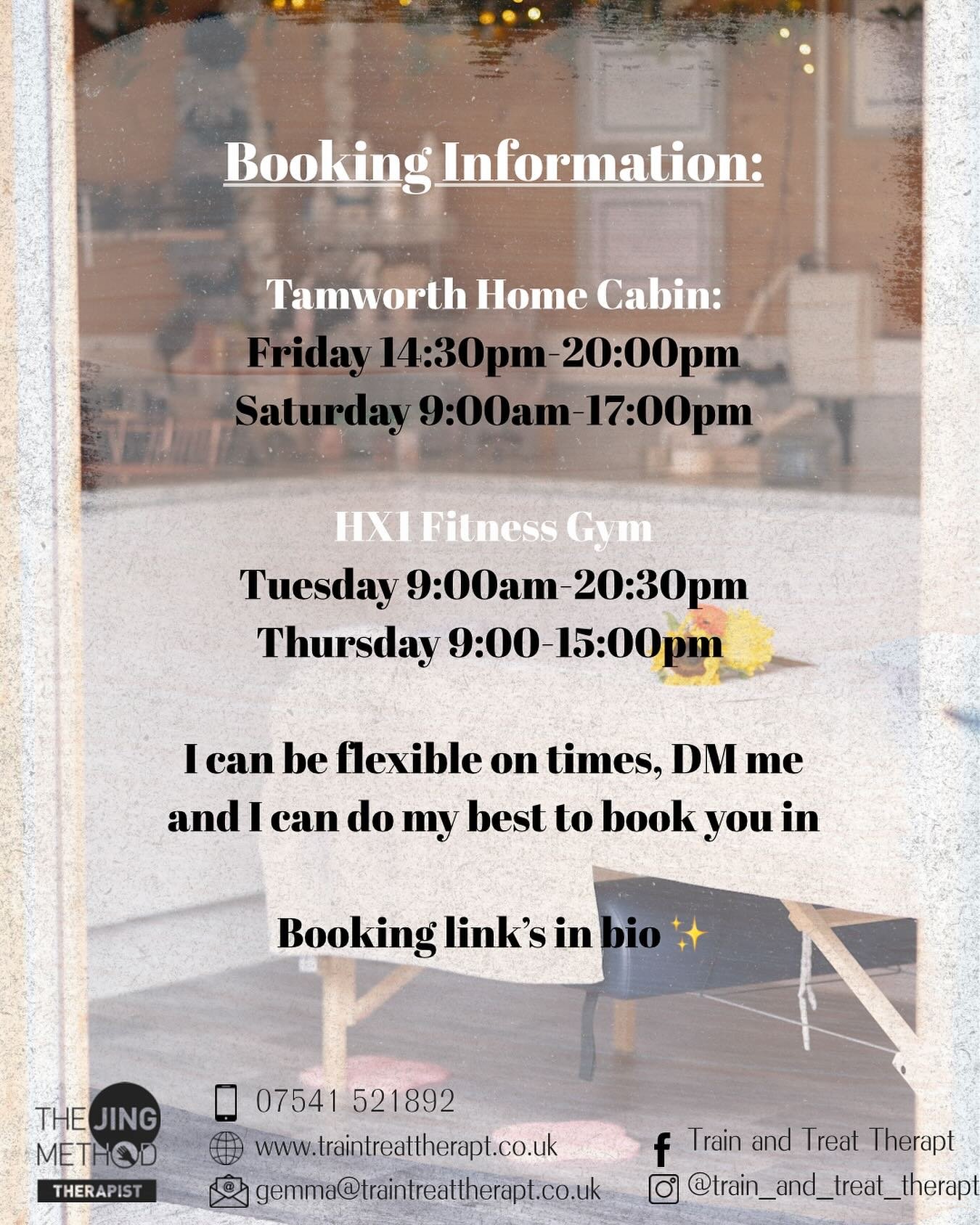 ✨ Updated Booking Information! ✨

Here&rsquo;s when you can book your treatments ⤵️

🏡 Tamworth Home Cabin
Friday | 2:30pm&ndash;8:00pm
Saturday | 9:00am&ndash;5:00pm

💪 HX1 Fitness Gym
Tuesday | 9:00am&ndash;8:30pm
Thursday | 9:00am&ndash;3:00pm

