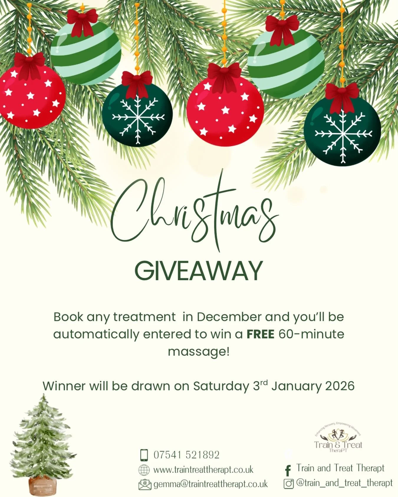 Christmas Giveaway! Chance for you to win a free massage 💆&zwj;♀️ 

#ClinicalMassage
#MassageTherapy
#ManualTherapy
#SoftTissueTherapy
#MyofascialRelease
#TriggerPointTherapy
#DeepTissueMassage
#PainRelief
#InjuryRehab
#PosturalCorrection
#MuscleRec