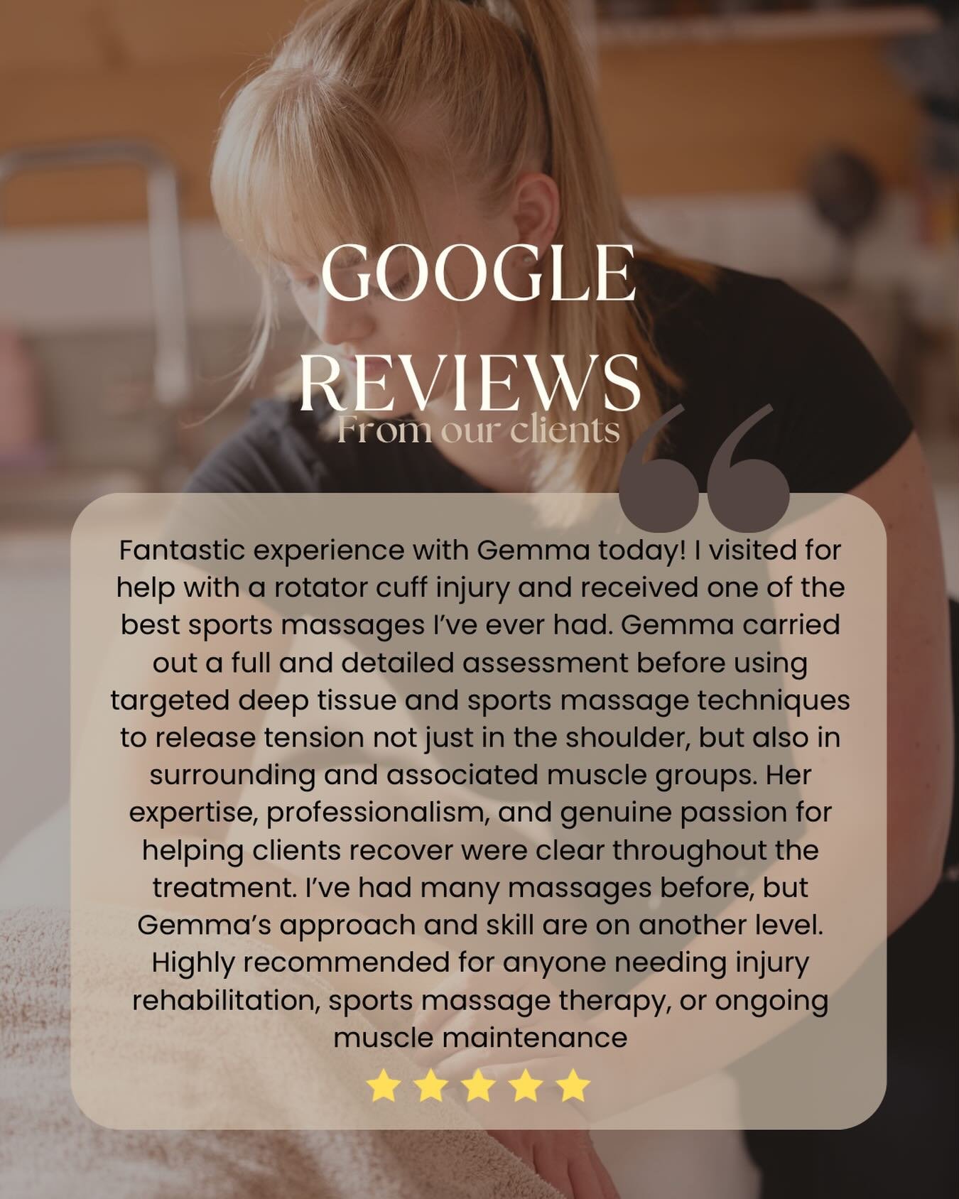 Google Reviews make us happy ⭐️ kind words from a client 

#ClinicalMassage
#MassageTherapy
#ManualTherapy
#SoftTissueTherapy
#MyofascialRelease
#TriggerPointTherapy
#DeepTissueMassage
#PainRelief
#InjuryRehab
#PosturalCorrection
#MuscleRecovery
#The