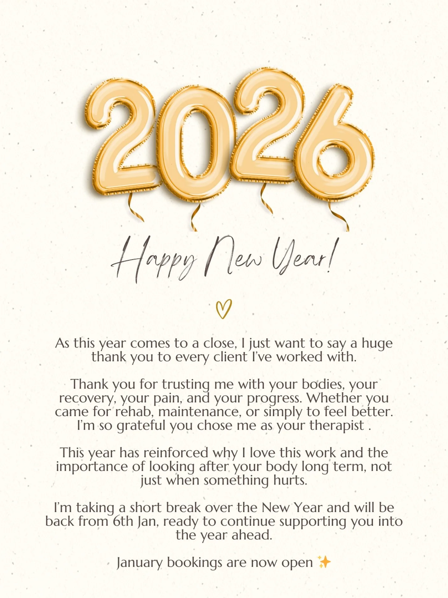 Thank you to every client who trusted me with their pain, recovery, and maintenance this year.
I&rsquo;m so grateful 🤍

Back from 6th Jan 

✨January bookings open ✨

#newyear #clinicalmassage #tmjmassage #hotstonemassage #painrelief
