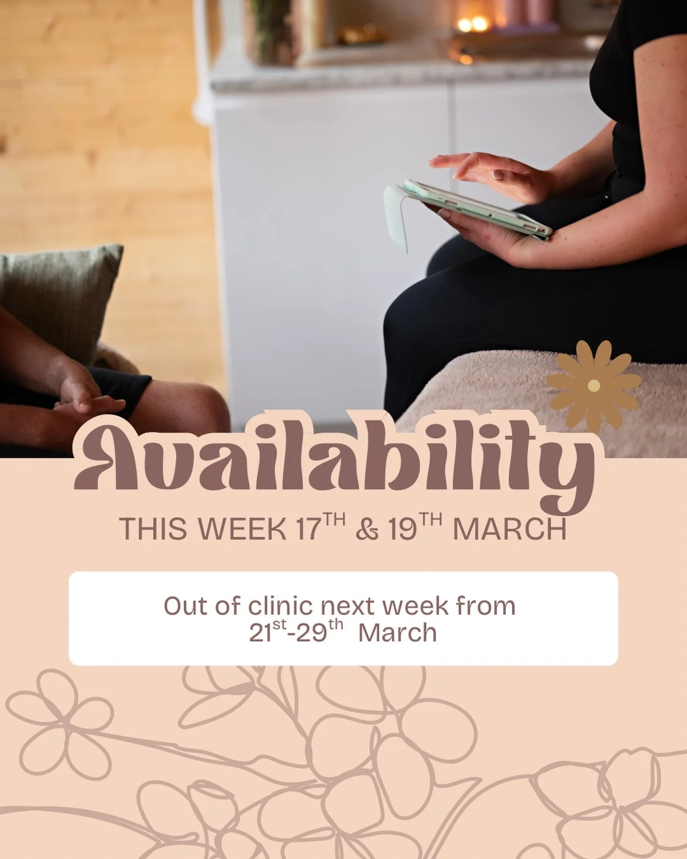 Out of clinic next week for further training and my sister&rsquo;s wedding 🤍✨

If you&rsquo;ve been meaning to book in, this is your window.

📍 HX1 Tuesday 17th
&bull; 2:30pm
&bull; 6:00pm
&bull; 7:15pm

📍 HX1 Thursday 19th
&bull; 10:00am
&bull; 1