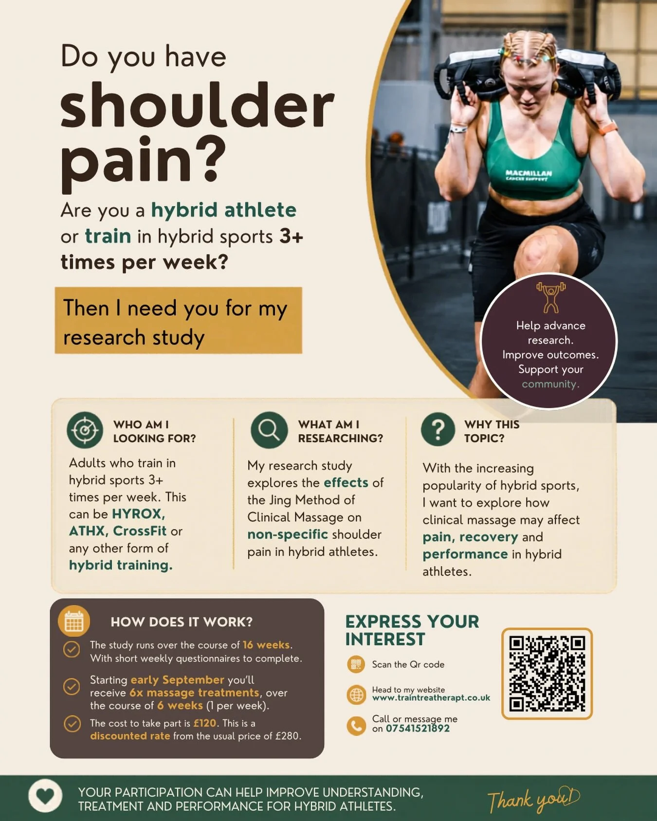 Shoulder pain doesn&rsquo;t have to stop you training.

I&rsquo;m currently recruiting participants for my Level 6 Clinical Massage Therapy research project investigating the effects of the Jing Method of Clinical Massage on non-specific shoulder pai