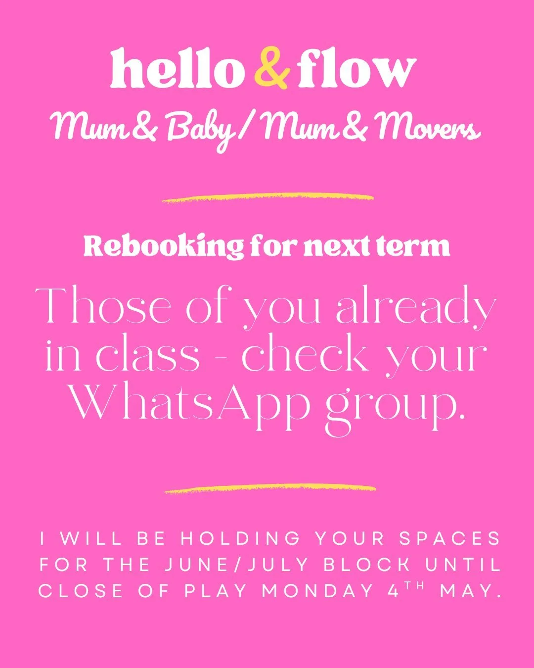 🌟 Quick Reminder 🌟

Those of you already in class in my Mum &amp; Baby and Mum &amp; Movers classes on Thursdays and Fridays - check your WhatsApp group for details on how to rebook for the next blocks starting in June.

I'll be holding your spaces