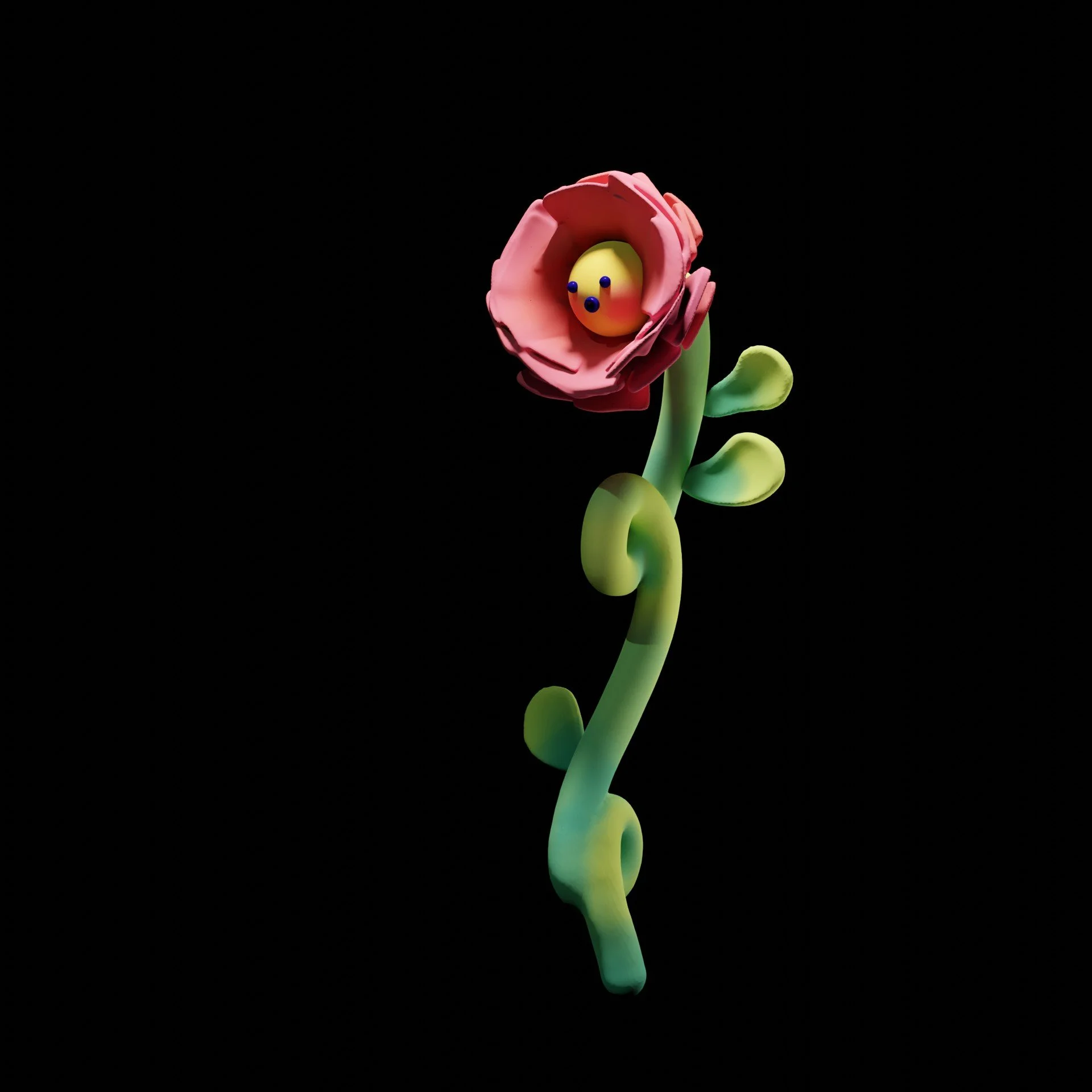 A pink flower with green stem and leaves, featuring a small yellow toy with eyes and an orange nose inside the bloom, set against a black background.