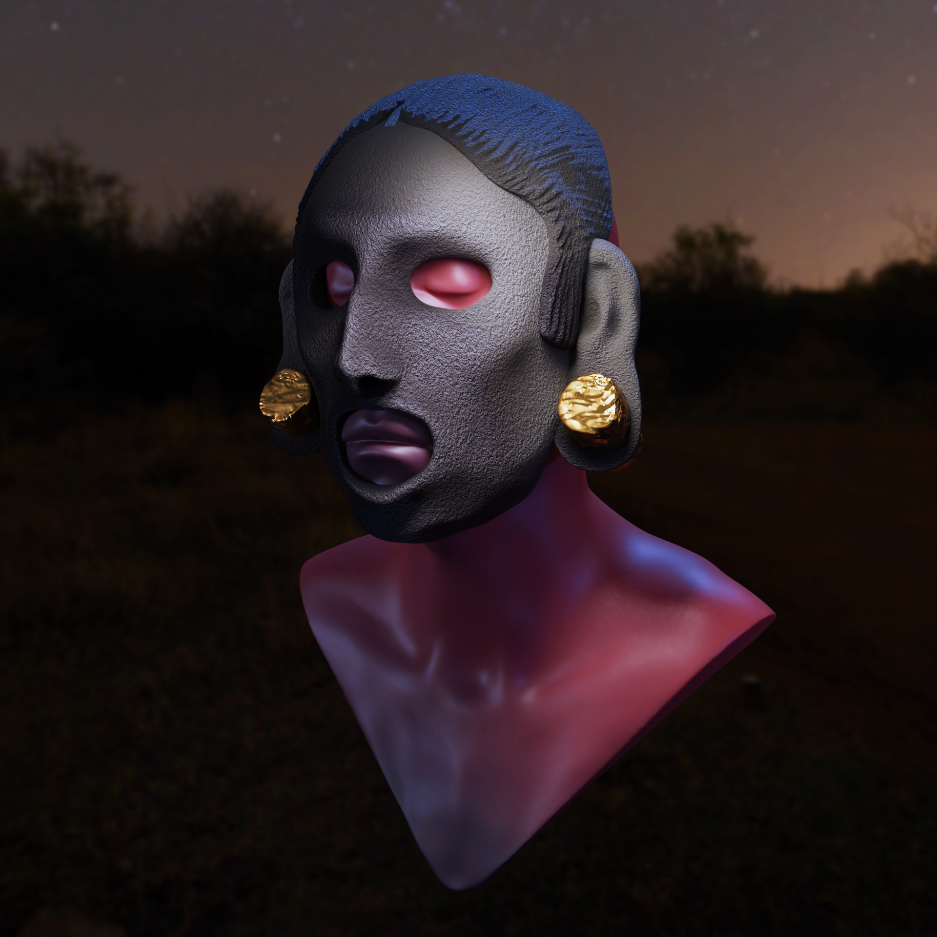 A digital sculpture of a man with a stone mask and golden earrings set against a dark outdoor background with a starry sky.