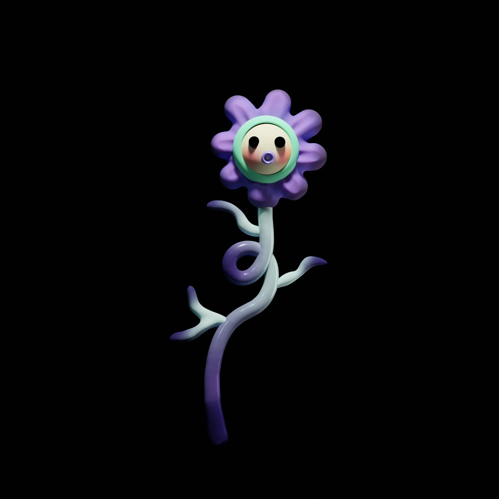 A cartoonish flower with a purple area around the face and purple petals, featuring a face with black eyes and a purple mouth, on a twisted pale stem against a black background.