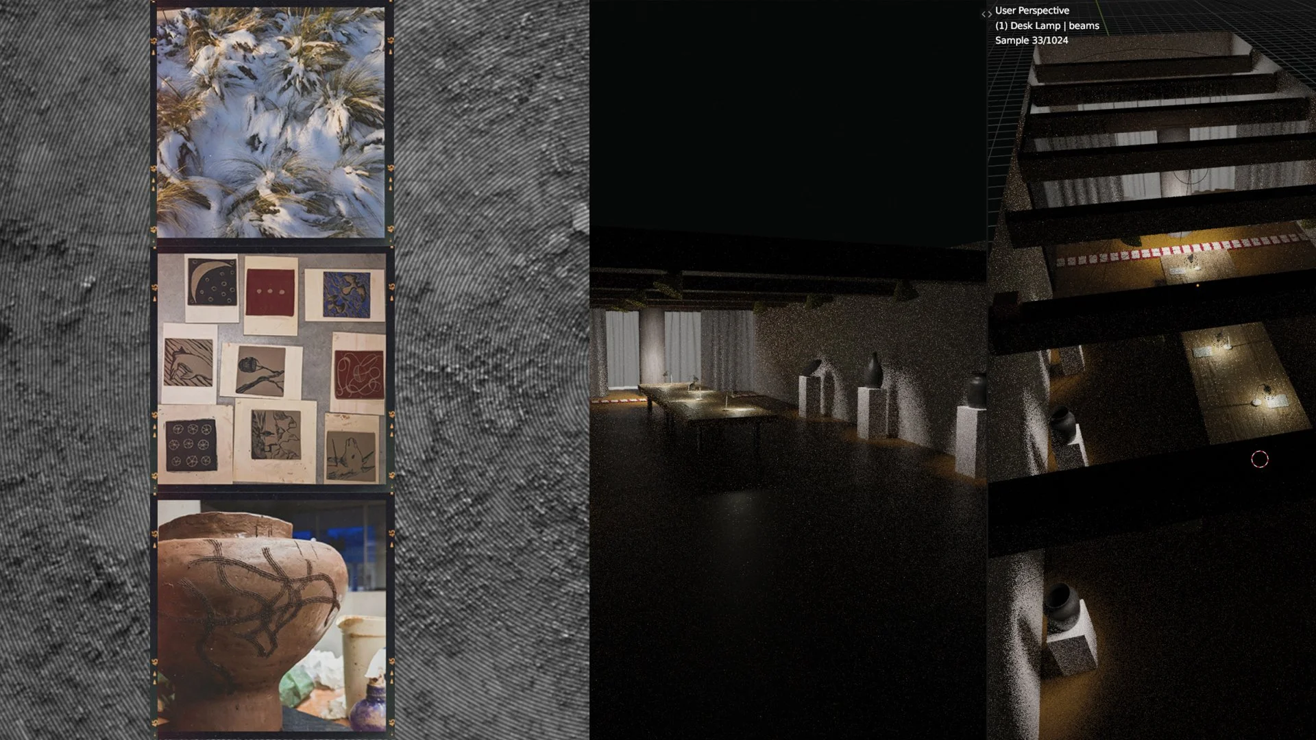 Image showing an art gallery or museum with ceramics, framed artworks, and sculptures displayed in a dimly lit room.