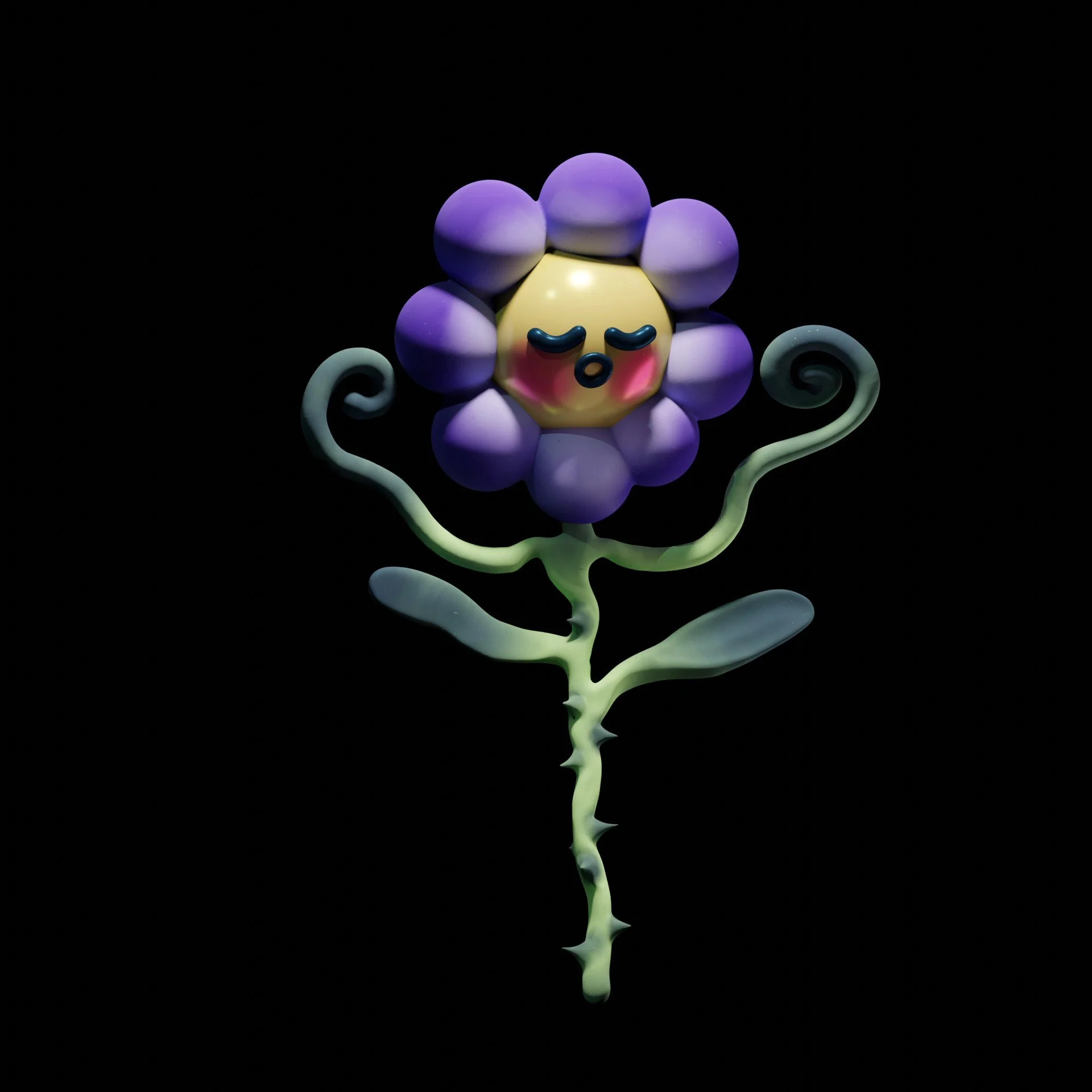 A whimsical flower figure with a cute, sleepy face, purple petals, and a green stem, set against a black background.