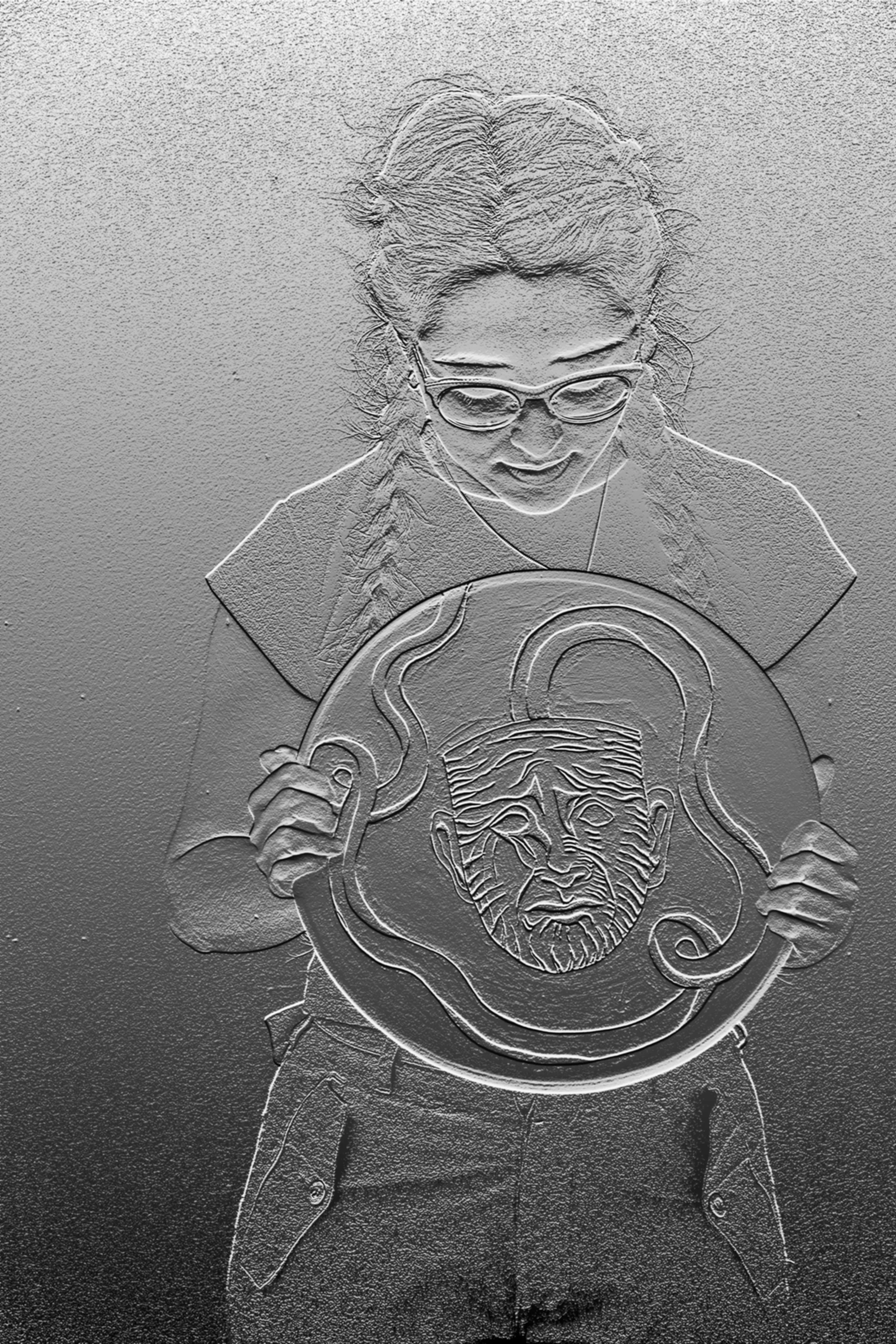 A person with glasses and braids holding a decorative plate with a face painted on it, wrapped by a snake, depicted in a sketch-like, embossed style.