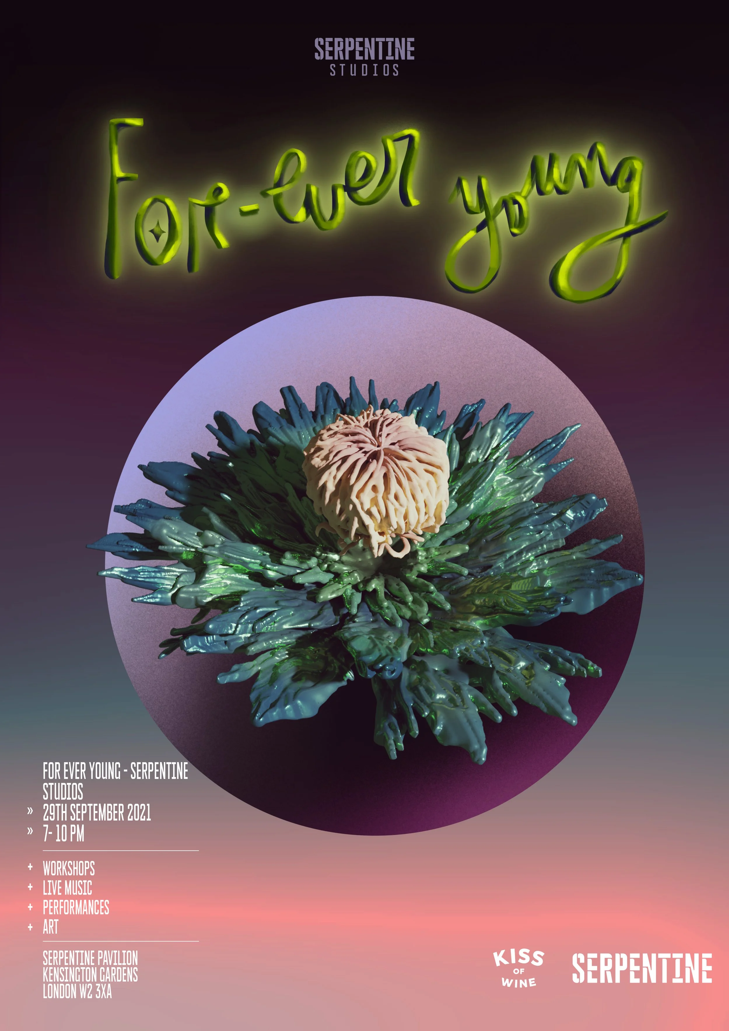 Event poster for 'For-e-ver young' at Serpentine Studios featuring a large, detailed art piece of a plant with a brain-like structure on top, against a gradient background with neon green cursive text. The poster includes event details: date, time, location, and activities such as workshops and live music, at Serpentine Pavilion in London.
