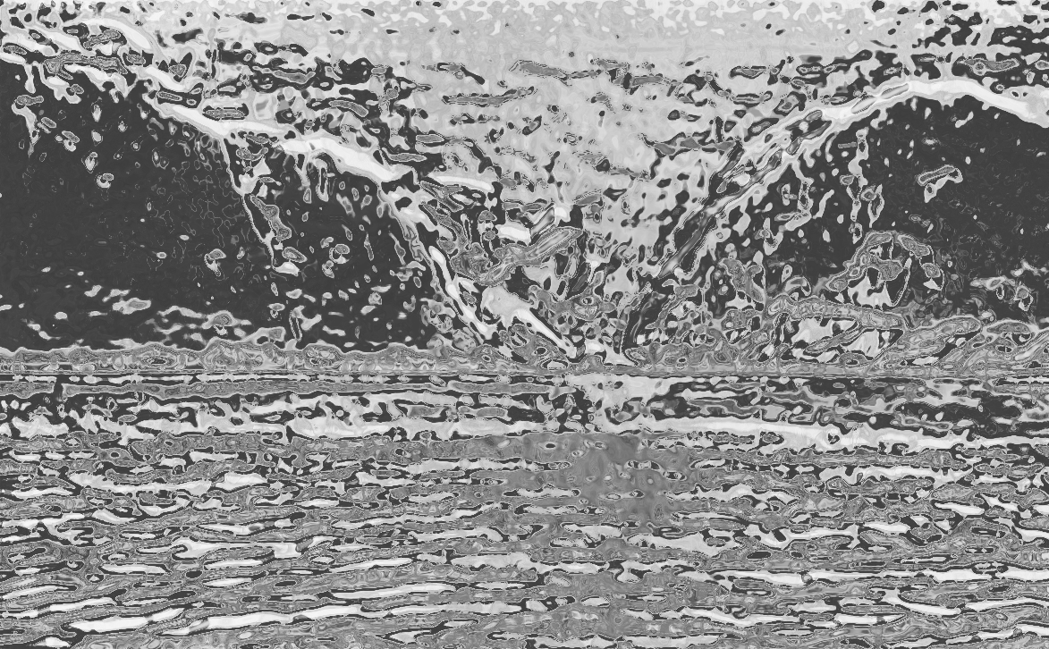 Black and white digital illustration of a mountain landscape with water in the foreground and high peaks in the background.