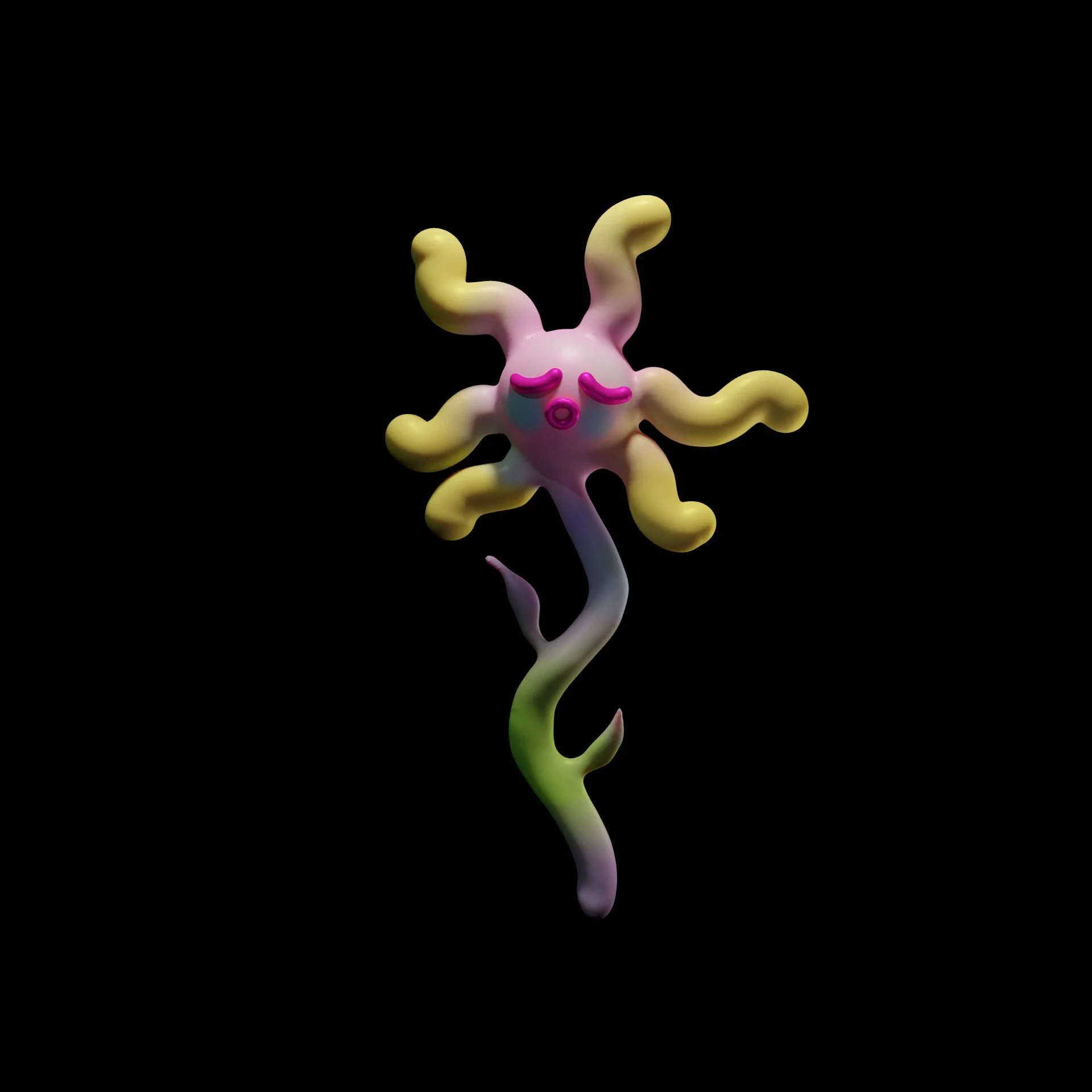 A colorful, cartoon-like representation of a microbe with a sad face, with yellow, pink, and green hues on a black background.