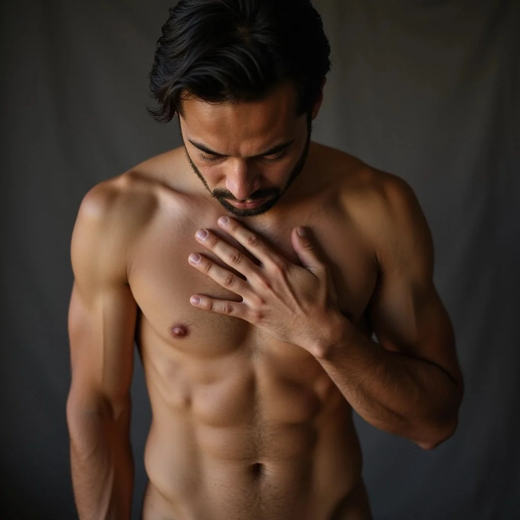 Man with dark hair, shirtless, hand on chest, gray background.