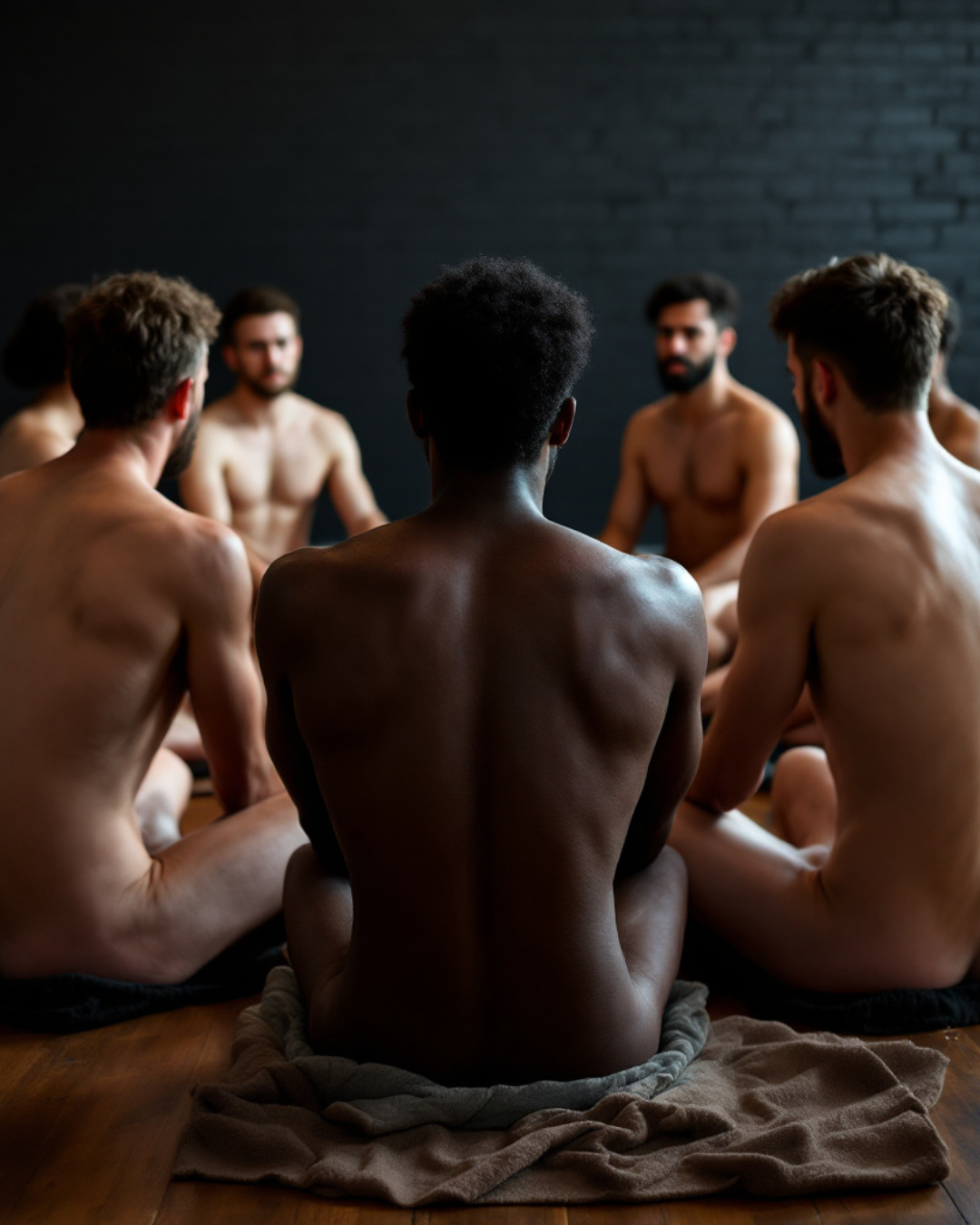 A group of men sitting cross-legged in a circle on a wooden floor. They appear to be meditating or engaging in a group activity in a dimly lit room.