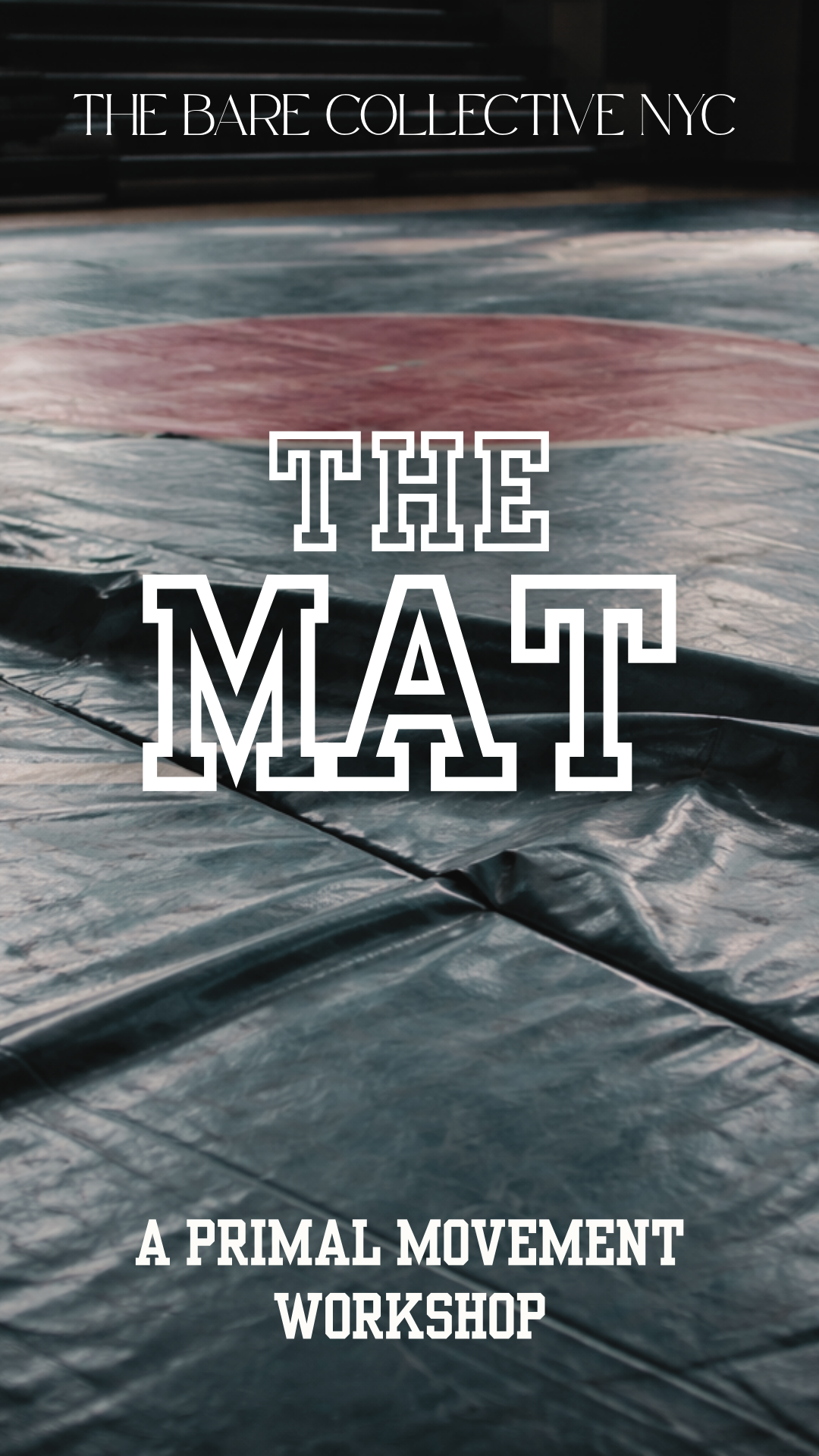 Event poster for The Bare Collective NYC's The MAST, a primal movement workshop, featuring a background of a textured, layered fabric or material in shades of black, gray, and red.