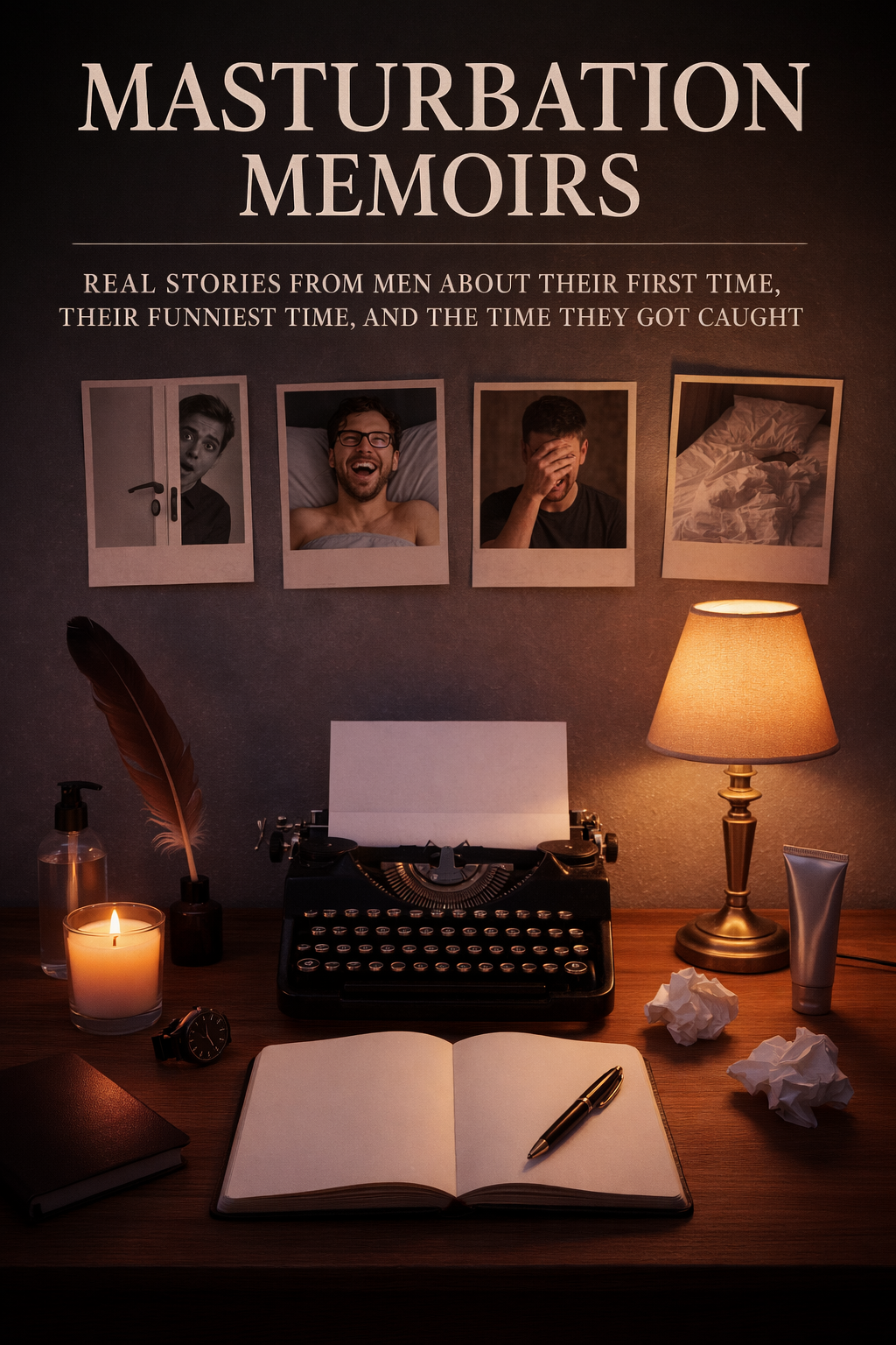 A dimly lit desk featuring a vintage typewriter, an open blank notebook with a pen, a candle, a watch, a photo of a man behind a door, a man smiling in bed, a man covering his face, and a crumpled tissue, with a lamp and various items. A poster on the wall above the desk has the title 'Masturbation Memoirs' and photos of a man in different situations.