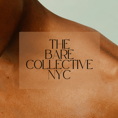 Close-up of a person's shoulder with text overlay "The Bare Collective NYC."