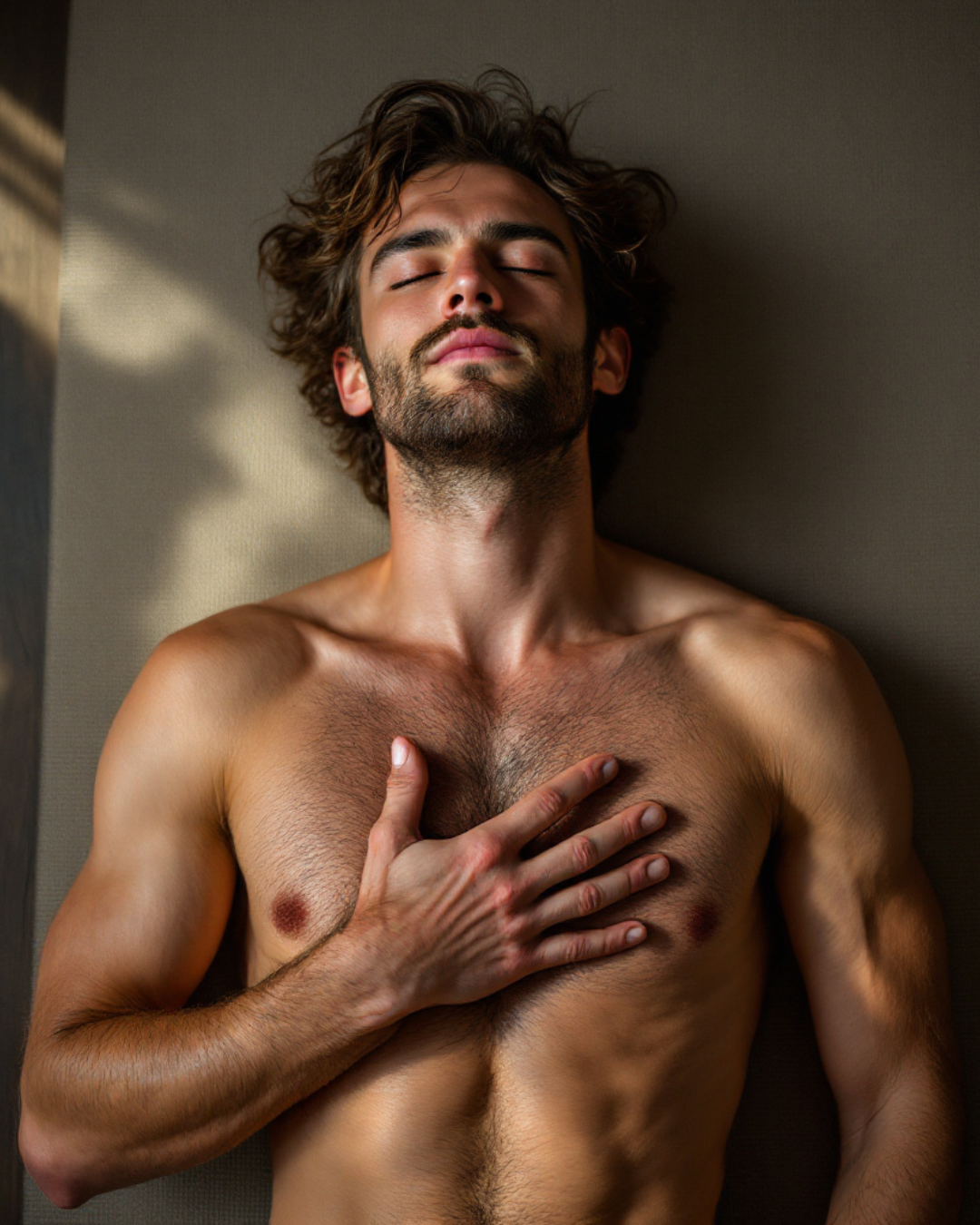A shirtless man lying down with his eyes closed and a hand on his chest, appearing relaxed.