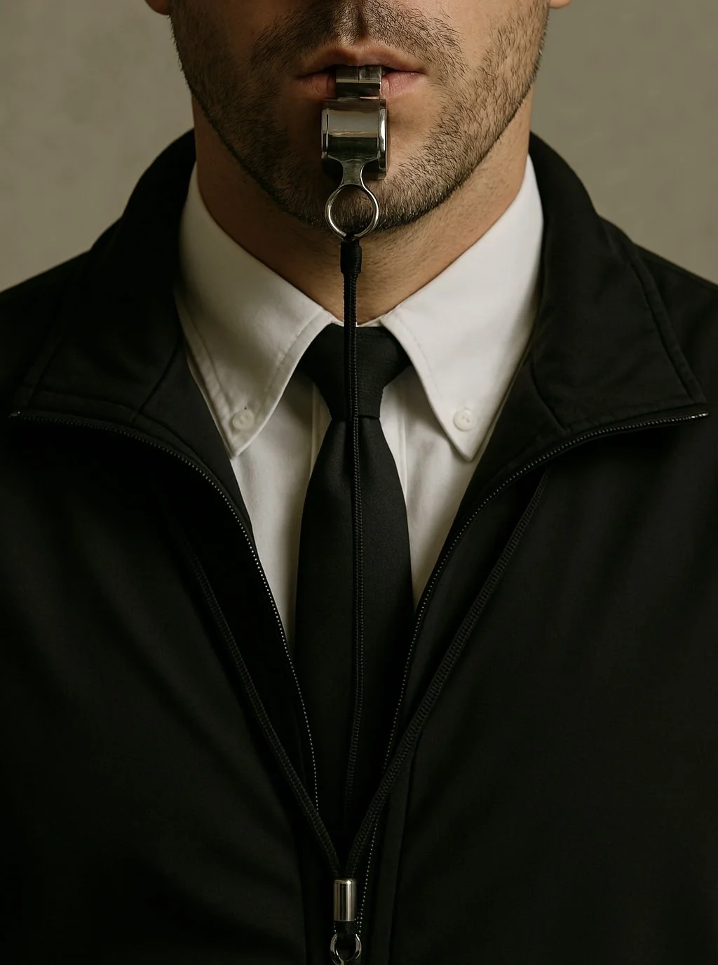 Man wearing a black jacket and tie with a whistle in his mouth
